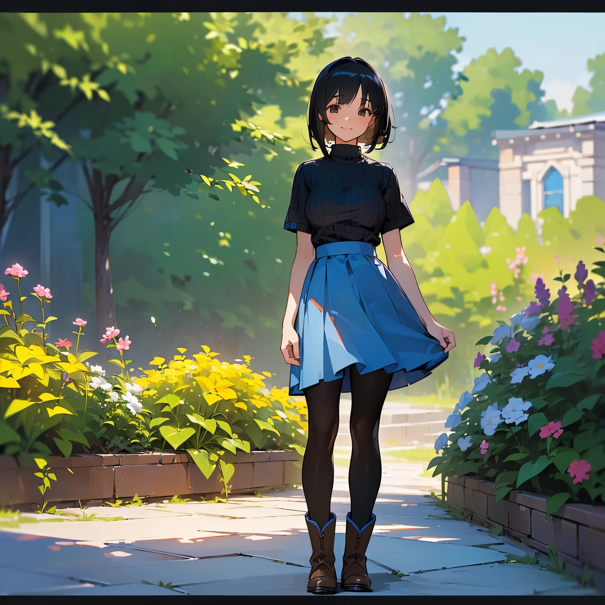 (high quality, High resolution, Very detailed, reality:1.37), Peaceful atmosphere, (Outdoor, garden), Teenage girl standing alone, (my breasts are big.), Beautiful details, Cute Smile, (Black bob hair), Short sleeve ribbed sweater, Blue Skirt, Black tights, Brown boots.