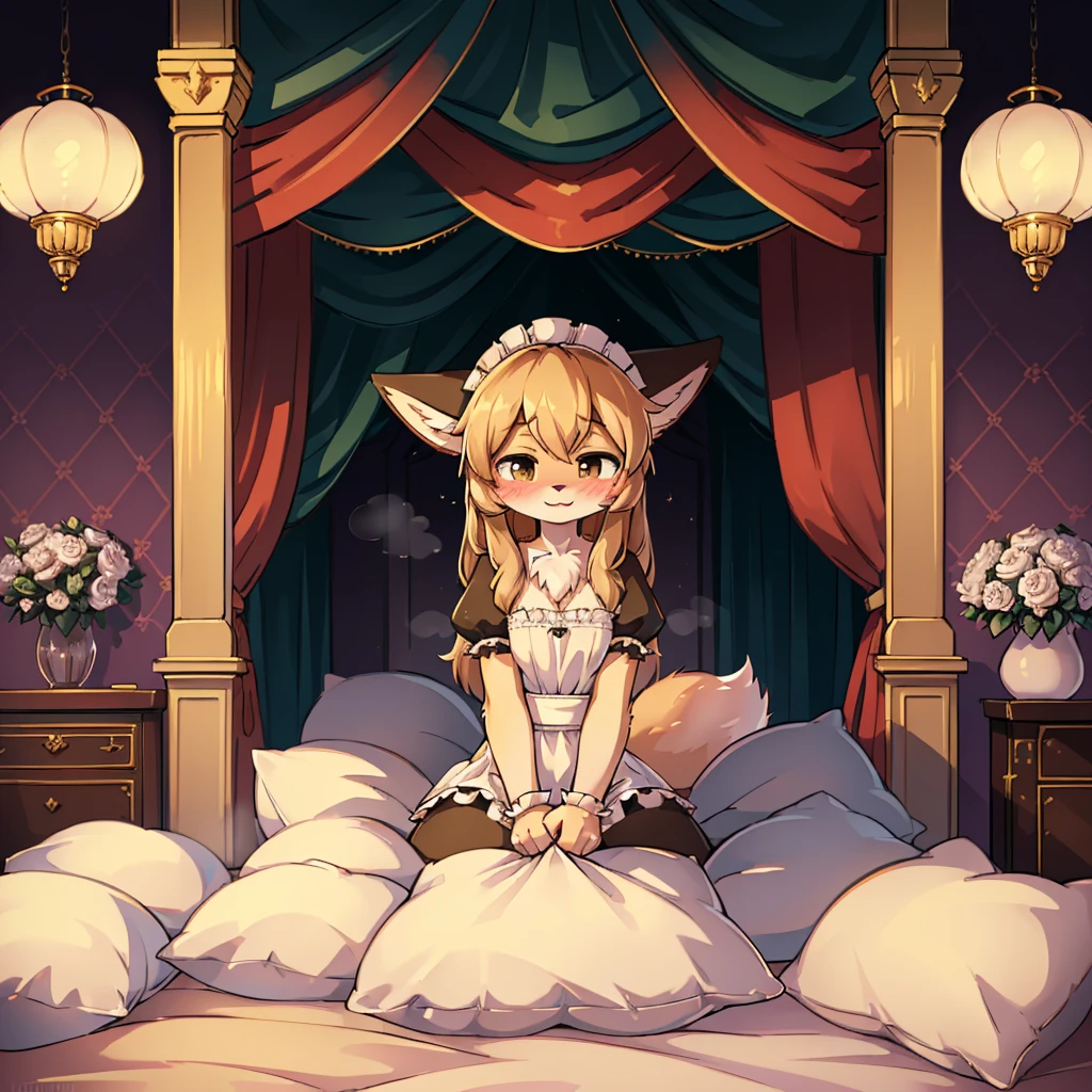 （masterpiece，best quality），mine, The Beast, , (Light and shadow suitable for any Pillow background））, Cute girl in maid costume posing on Pillow, Maid costume，White，nature,, (blush),a smile，Pillow,（Lots of Pillow），Soft cushion，（canopy bed），Soft pillow，（Pillow damage），Lots of Pillow，（Friction in the crotch），（（Pillow Hump）），（Pillow Head），（A tail），，（Pink Pillow），（Around the protagonist），steam，（Pillow Head），（），（Luxury Pillow），（Palace Pillow Pattern Pillow），（palace），（Palace bedroom），（Gorgeous Pattern Pillow），Soft Pillow，，（Classical European style bedroom ），（excited，shy person，Lack of expressiveness，），pillow hump,Fox Girl，(Deluxe Rococo Canopy King Bed),Luxurious curtains with ornate ruffles and ribbons hang around the large bed.,((((The bed is piled with many Pillows)))),Quilt details,Detailed bed linen,Ruffled Bed Skirt,Deep Bed,Background with depth,((Pillow in detail)), ((((A Lot of Pillow))))，,，Detailed Soft Pillow,,((女孩正躺在许多Soft Pillow上,There are many Pillows around))，、 Long nightgown with ruffles and ribbons、In a huge, Large canopy bed、Soft sheets and quilts、Colorful soft Pillow、Lots of Ruffled Pillows and Ruffled Bed Skirts、Soft toned bed、Ruffled curtains around the bed.。Delicate face。