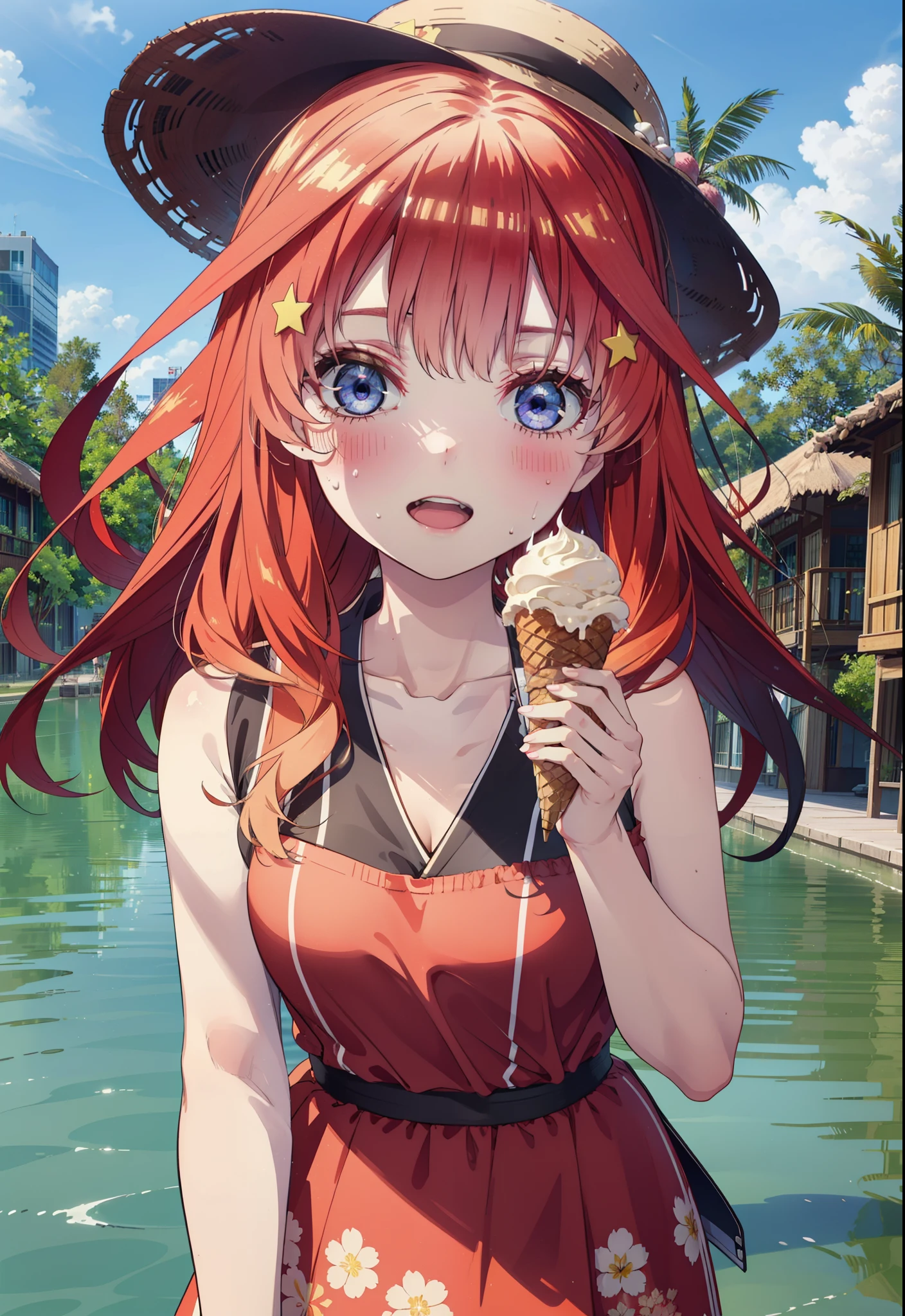 itsukinakano, Itsuki Nakano, bangs, blue eyes, Long Hair,Hair between the eyes, Ahoge, Redhead, star \(symbol\), hair ornaments, star hair ornaments,Straw hat,Red sleeveless dress,mini skirt,Heeled Sandals,Walking,smile,blush,Open your mouth,Eating ice cream,Holding ice cream in one hand,whole bodyがイラストに入るように,Palm tree,True Summer,Clear skies,
break outdoors,Tropical Coastline,
break looking at viewer,whole body ,
break (masterpiece:1.2), Highest quality, High resolution, unity 8k wallpaper, (figure:0.8), (Beautiful attention to detail:1.6), Highly detailed face, Perfect lighting, Highly detailed CG, (Perfect hands, Perfect Anatomy),