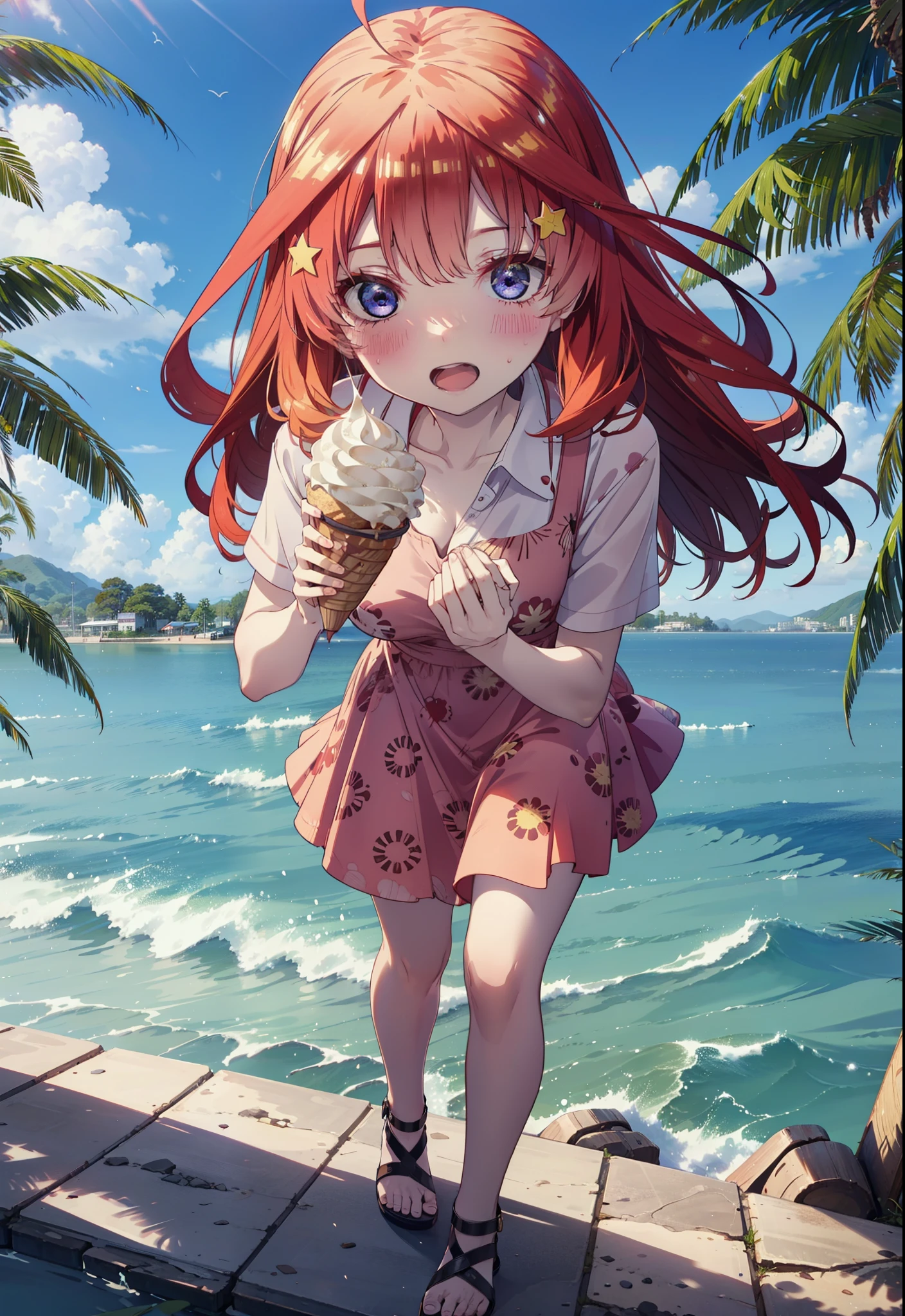 itsukinakano, Itsuki Nakano, bangs, blue eyes, Long Hair,Hair between the eyes, Ahoge, Redhead, star \(symbol\), hair ornaments, star hair ornaments,Straw hat,Red sleeveless dress,mini skirt,Heeled Sandals,Walking,smile,blush,Open your mouth,Eating ice cream,Holding ice cream in one hand,whole bodyがイラストに入るように,Palm tree,True Summer,Clear skies,
break outdoors,Tropical Coastline,
break looking at viewer,whole body ,
break (masterpiece:1.2), Highest quality, High resolution, unity 8k wallpaper, (figure:0.8), (Beautiful attention to detail:1.6), Highly detailed face, Perfect lighting, Highly detailed CG, (Perfect hands, Perfect Anatomy),