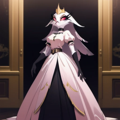 (best quality, masterpiece:1), furry female anthro stella, owl, portrait, Stella dress, white dress, black belt, pink beak,  standing, gold crown, long skirt, cape, cloak, looking to the side, closed mouth, smile, wide-eyed, white pupils, elbow gloves, choker, 