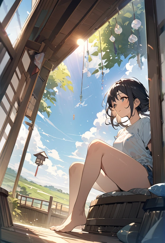 summer、Japanese countryside house、sitting on the edge。bucolic、Background of nature、Style、Countryside view、T-shirt girl、wind chimes、、One Girl、sunlight、Dynamic Angle((masterpiece,Highest quality))、