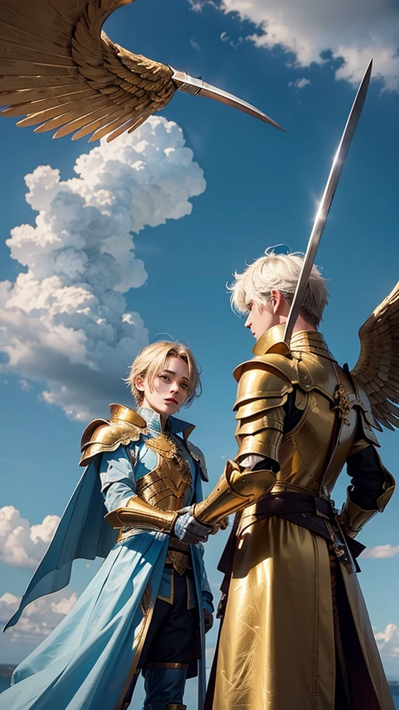Two men with golden wings, swords in hands and armor separated from each other to the bottom of the sky with several clouds