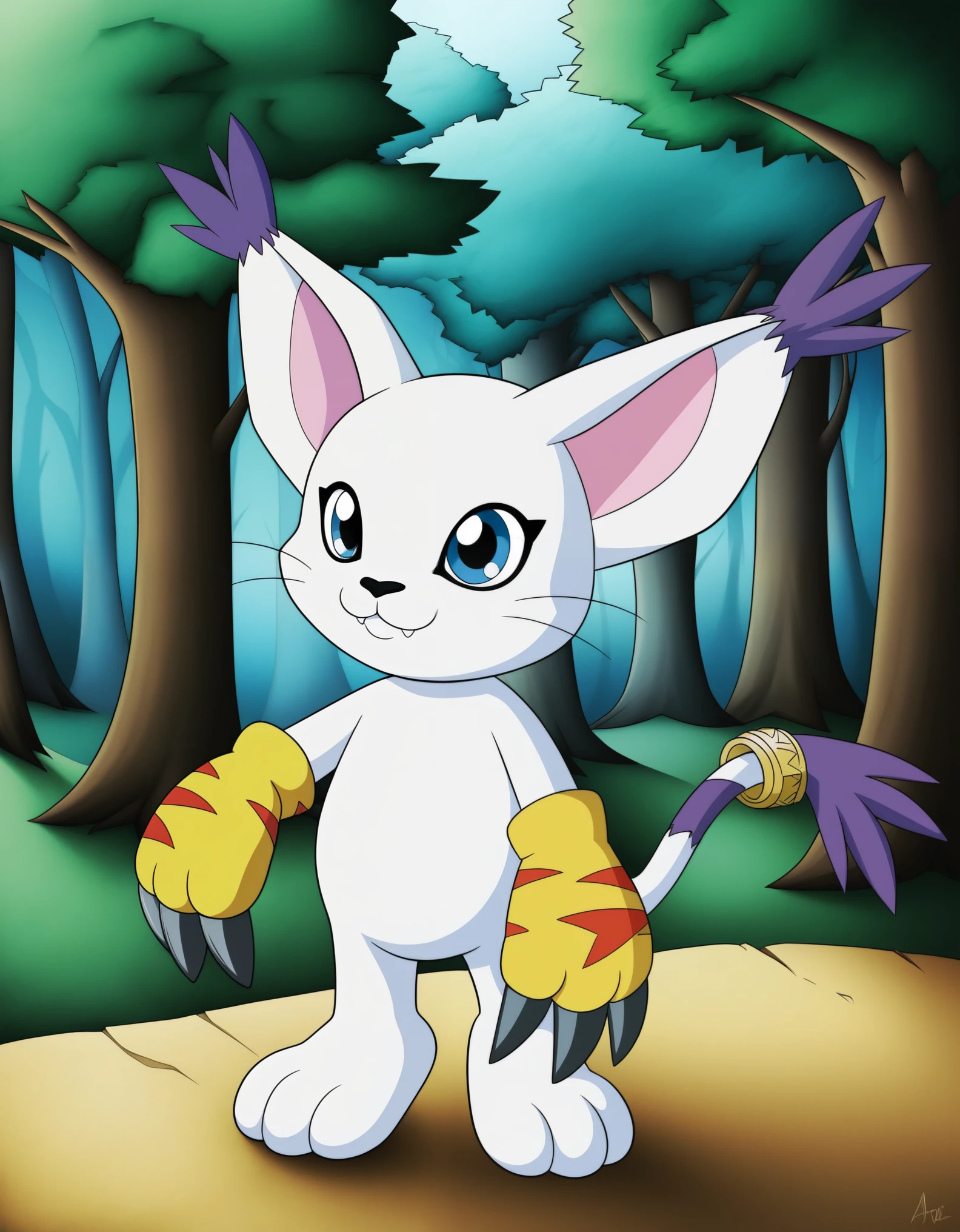 source_furry, absurdres, masterpiece, outstanding,, GATOMON, TAIL RING, RINGLESS, solo, digimon, in a forest, blue eyes,