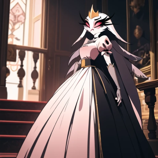 (best quality, masterpiece:1), furry female anthro stella, owl, portrait, Stella dress, white dress, black belt, pink beak,  standing, gold crown, long skirt, cape, cloak, looking to the side, closed mouth, smile, wide-eyed, white pupils, elbow gloves, choker,  