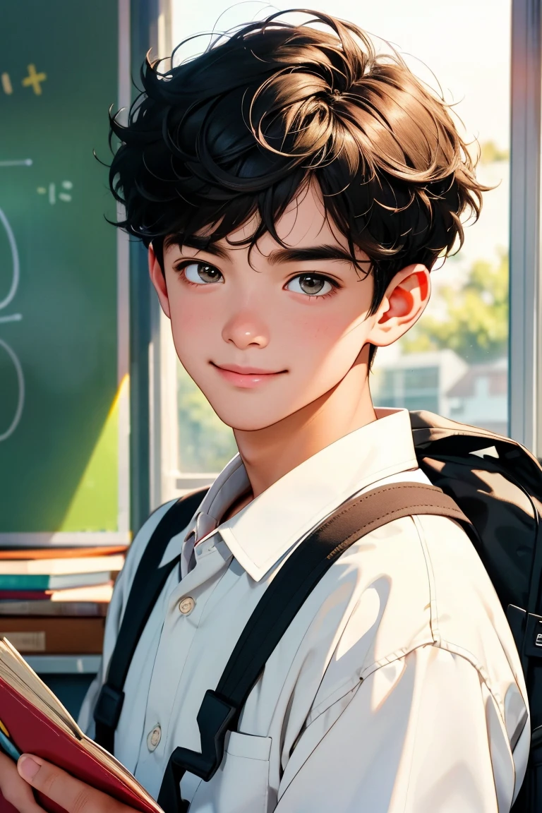 (best quality,ultra-detailed,highres,masterpiece:1.2),portrait,realistic,bokeh,happy young boy,Ayo,pencil portrait,professional lighting,soft pastel colors,vibrant,happy expression,detailed features,youthful face,diligently wearing white school uniform,his shiny black hair,curly hair,neatly combed,long eyelashes,gleaming eyes with excitement,boyish grin,holding a school bag,packed with books and stationery,slung over his shoulder,books neatly arranged,math workbook,English textbook,scattered papers with colorful drawings,sunlight streaming through the classroom window,casting a warm glow,shadows playing on the walls,visible dust particles floating in the air,quiet classroom,empty desks,wooden floor,determined look in his eyes,reflection of bright future,motivated to learn,inspiring atmosphere,inspirational quotes on the walls,map of the world hanging,encouraging message written in beautiful calligraphy,clock ticking on the wall,school bell suspended from the ceiling,ready to ring,anticipation in the air.