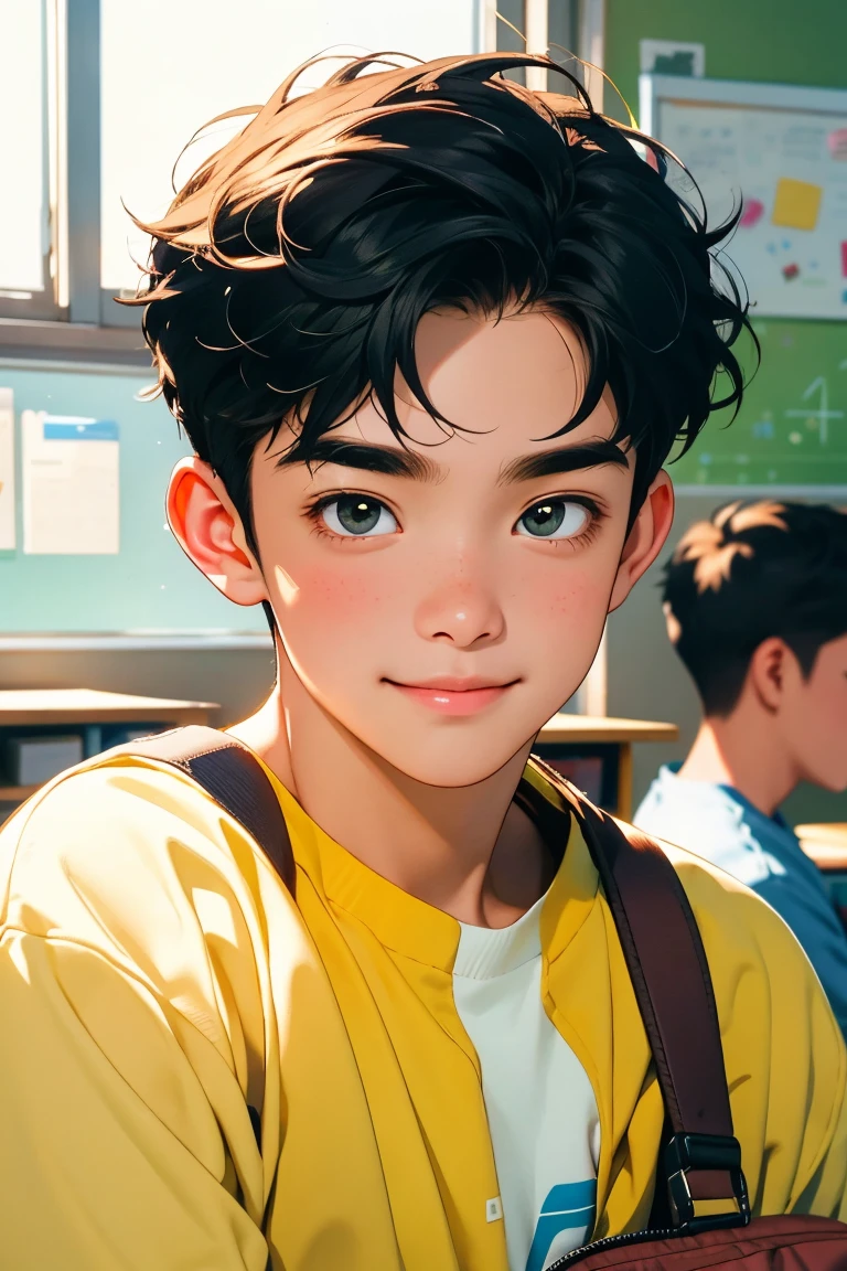 (best quality,ultra-detailed,highres,masterpiece:1.2),portrait,realistic,bokeh,happy young boy,Ayo,pencil portrait,professional lighting,soft pastel colors,vibrant,happy expression,detailed features,youthful face,diligently wearing white school uniform,his shiny black hair,curly hair,neatly combed,long eyelashes,gleaming eyes with excitement,boyish grin,holding a school bag,packed with books and stationery,slung over his shoulder,books neatly arranged,math workbook,English textbook,scattered papers with colorful drawings,sunlight streaming through the classroom window,casting a warm glow,shadows playing on the walls,visible dust particles floating in the air,quiet classroom,empty desks,wooden floor,determined look in his eyes,reflection of bright future,motivated to learn,inspiring atmosphere,inspirational quotes on the walls,map of the world hanging,encouraging message written in beautiful calligraphy,clock ticking on the wall,school bell suspended from the ceiling,ready to ring,anticipation in the air.