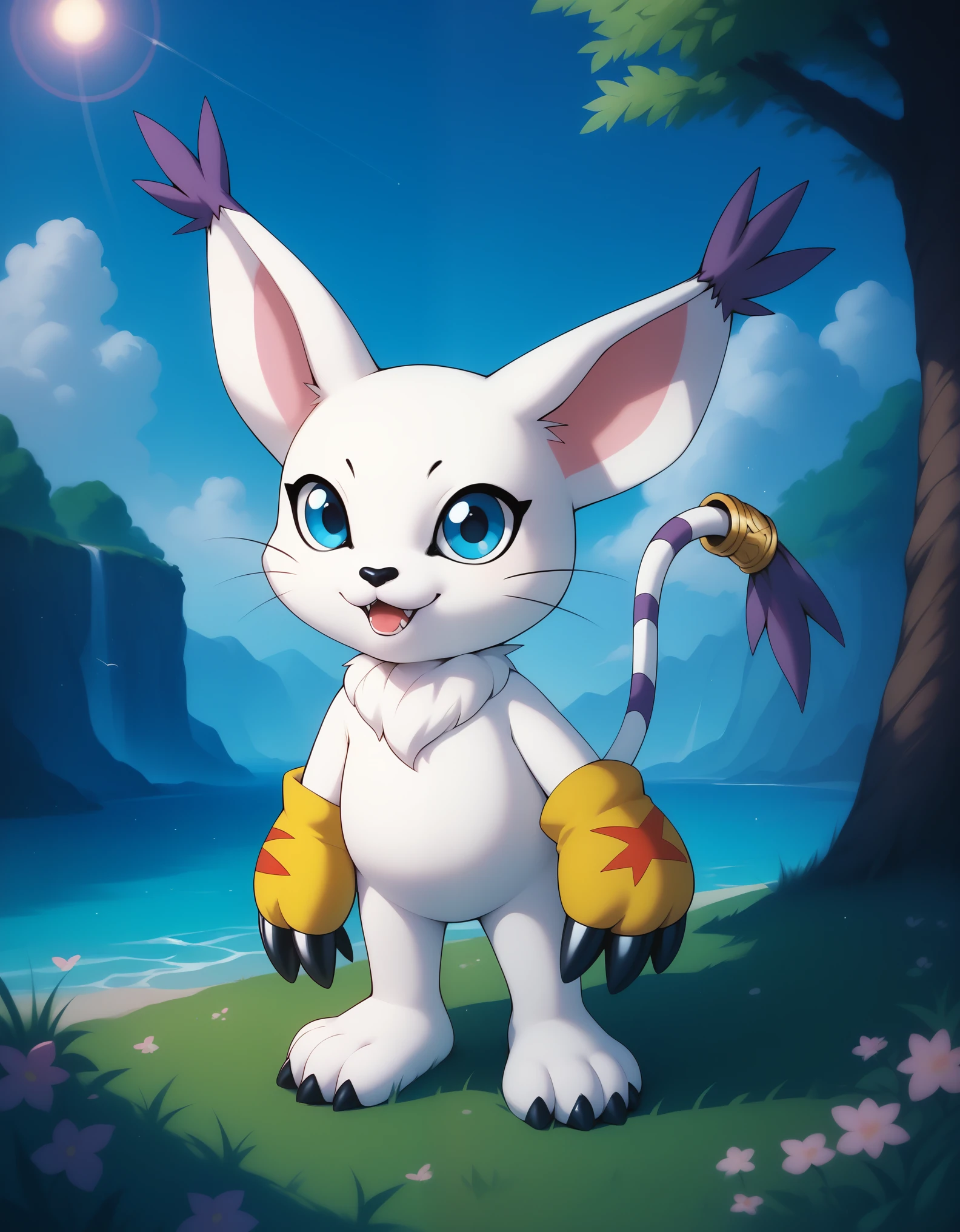  source_furry, absurdres, masterpiece, outstanding,, GATOMON, TAIL RING, RINGLESS, solo, digimon, in a forest, blue eyes, 