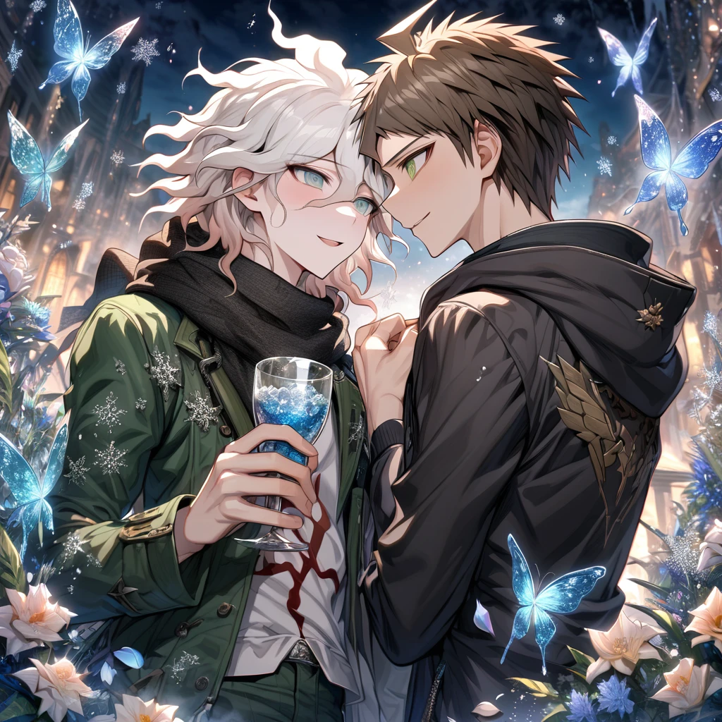 Ultra detailed, HDR, Highres, absurdres, master piece, Hinata Hajime, brown hair, expressive green eyes, Komaeda Nagito, white hair, expressive green-gray eyes, black hoodie, black scarf, Danganronpa, handsome, ice glittering butterflies, ice, petals, ice glass flowers, glittering, fantasy, magical, snowflakes, cold, two sexy man together, gay couple, yaoi, love, smirking