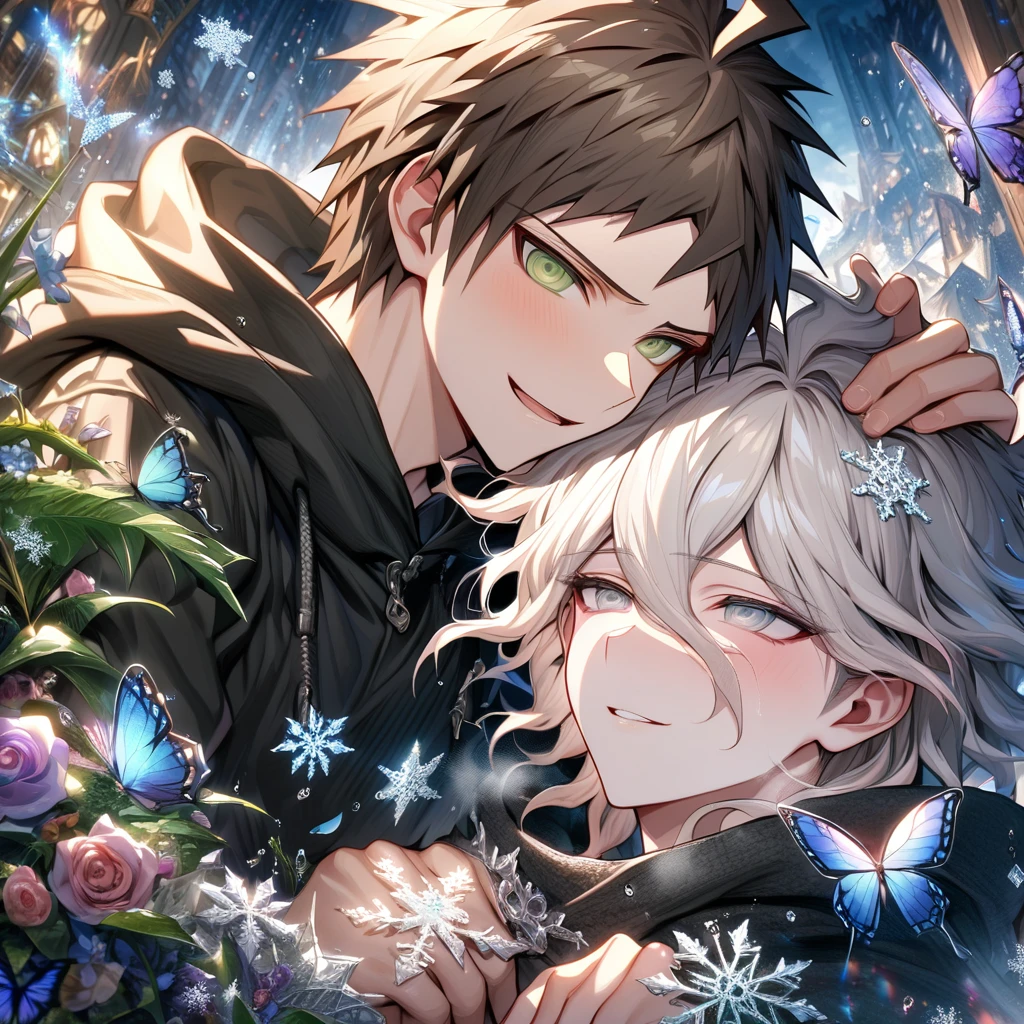 Ultra detailed, HDR, Highres, absurdres, master piece, Hinata Hajime, brown hair, expressive green eyes, Komaeda Nagito, white hair, expressive green-gray eyes, black hoodie, black scarf, Danganronpa, handsome, ice glittering butterflies, ice, petals, ice glass flowers, glittering, fantasy, magical, snowflakes, cold, two sexy man together, gay couple, yaoi, love, smirking