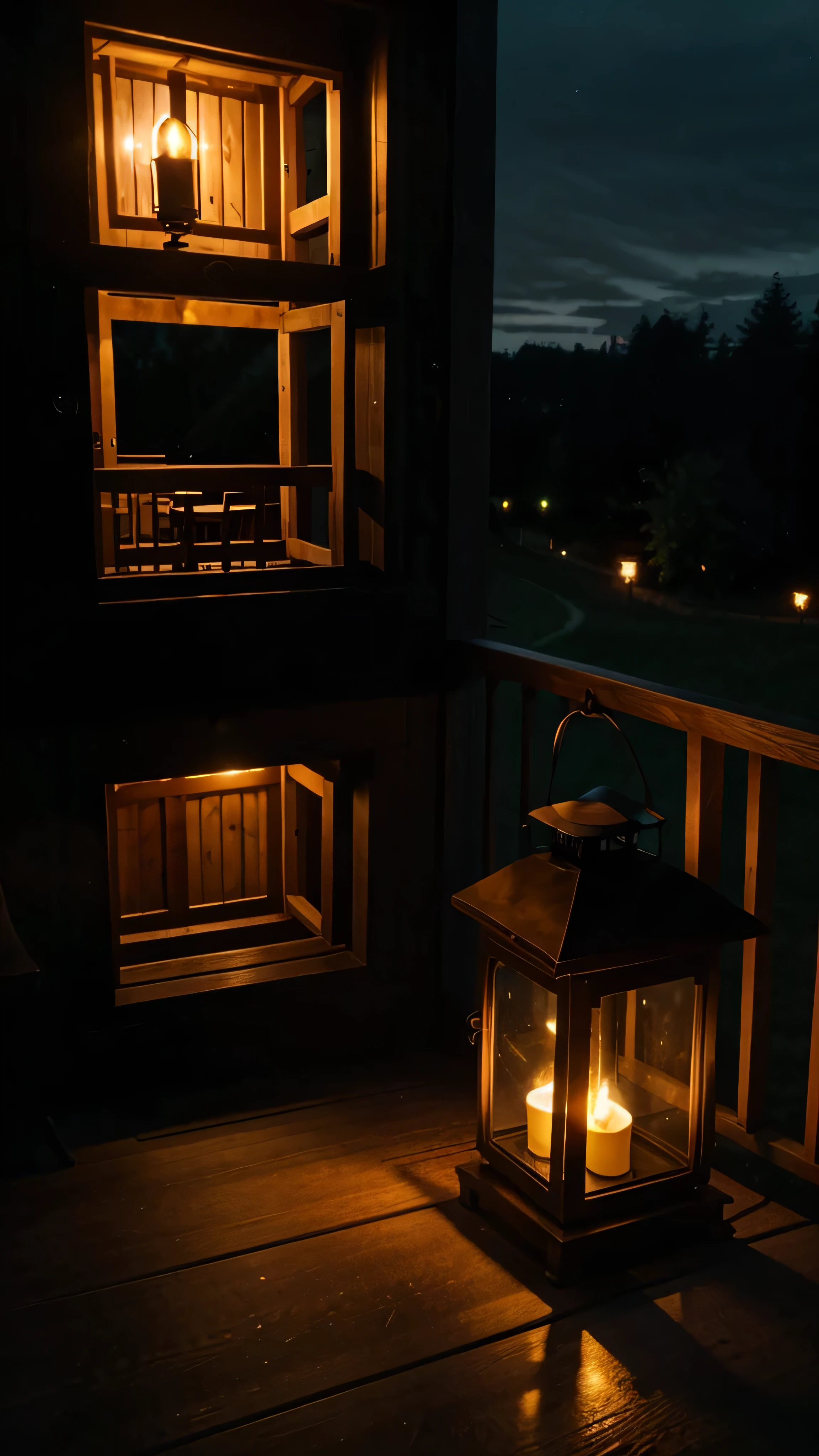 There is a rural area night view from the wooden house balcony, warm lighting, candlelight around the balcony, candlelight, lantern light, Atmosphere at night, cozy candlelight, Romantic atmosphere, lantern candle, lantern, cozy atmosphere, night lighting, evening lanterns, light, beautiful atmosphere, warm light