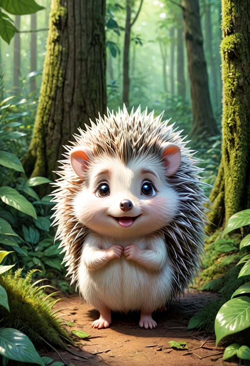 Shy Girl Hedgehog、Embarrassed expression、cute、Heartwarming picture book characters、in the forest、An illustration、Hand-drawn、Simple drawing