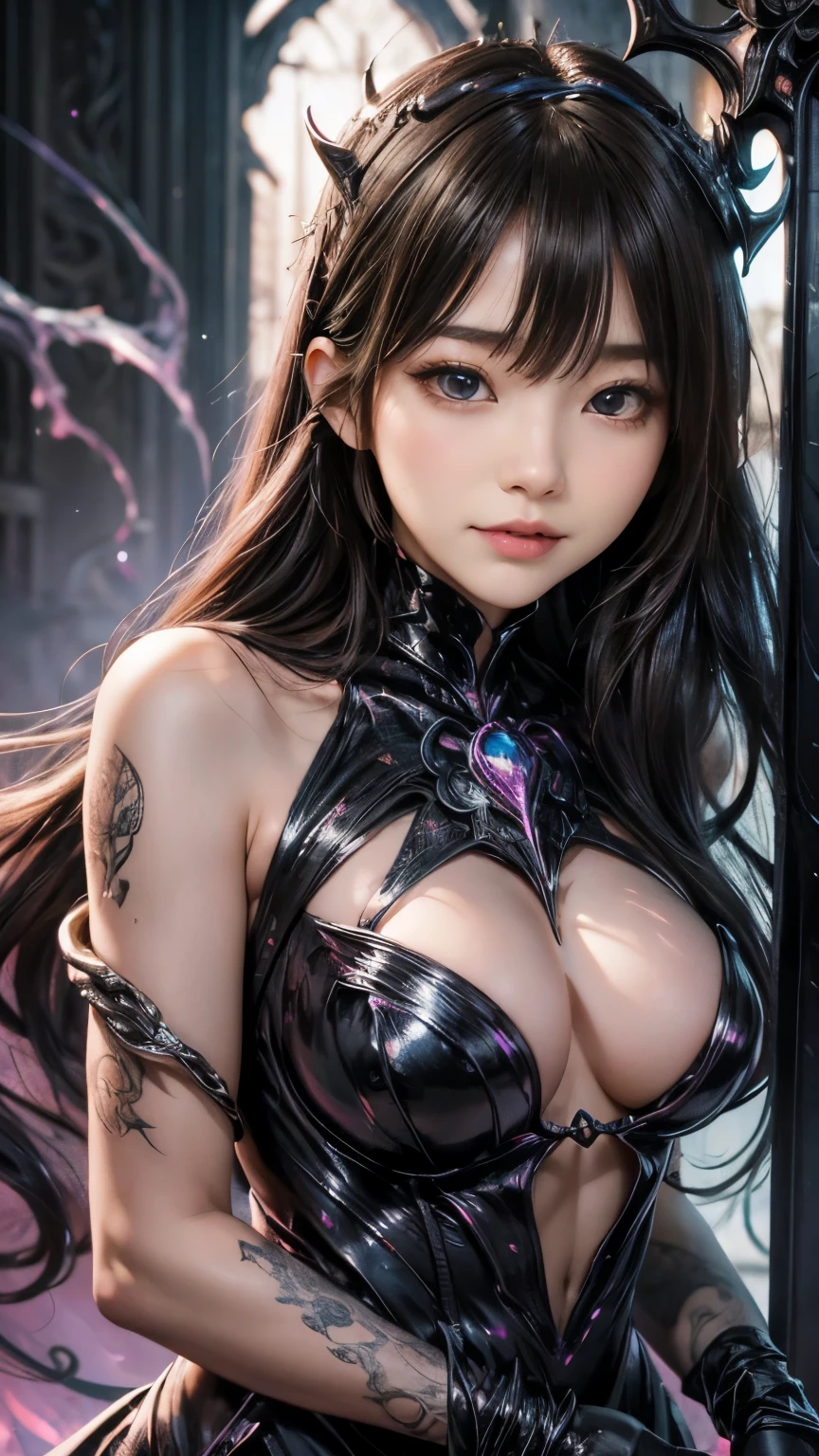 Esoteric arachnids lady, Spider Queen Elise, League of Legends, Esoteric arachnids, Combat Stance, ( body formed from metallic mauveine and metallic black liquid metallic paint twisting into a beautiful interpretation of the female figure), length, Sharp fangs, nature, ((Complex metallic colors in the foreground)), (( Fluid Mechanics, The most beautiful smooth scale face makeup, Smirking expression)) - Dark blood, Onyxia、Noir painting of a beautiful young witch, length purple hair, dark purple lips, evil, evil female, smile, Black Prom Dress, She is coming to you, close, Bright Blue Eyes, Surrounded by swirling pink smoke, Genuine, High detail, Highest quality、A beastly demon wields a vicious Blade, Blood Chain, Behemoth Bones, Snake-like tentacles, Cruel Teeth, Expressions of madness, Oppressive Dungeon. 8K Vision Reveals Fear, Ultra HD detail makes monsters stand out, Grotesque shadows dance, The creature whispers, Stifling atmosphere, Vision problems, Visible Madness. Blade, A flash of evil intent shines, reflect (Light) Beyond the Darkness, Elucidate (Sharp details) and、Add a dizzying dimension to the impending chaos.