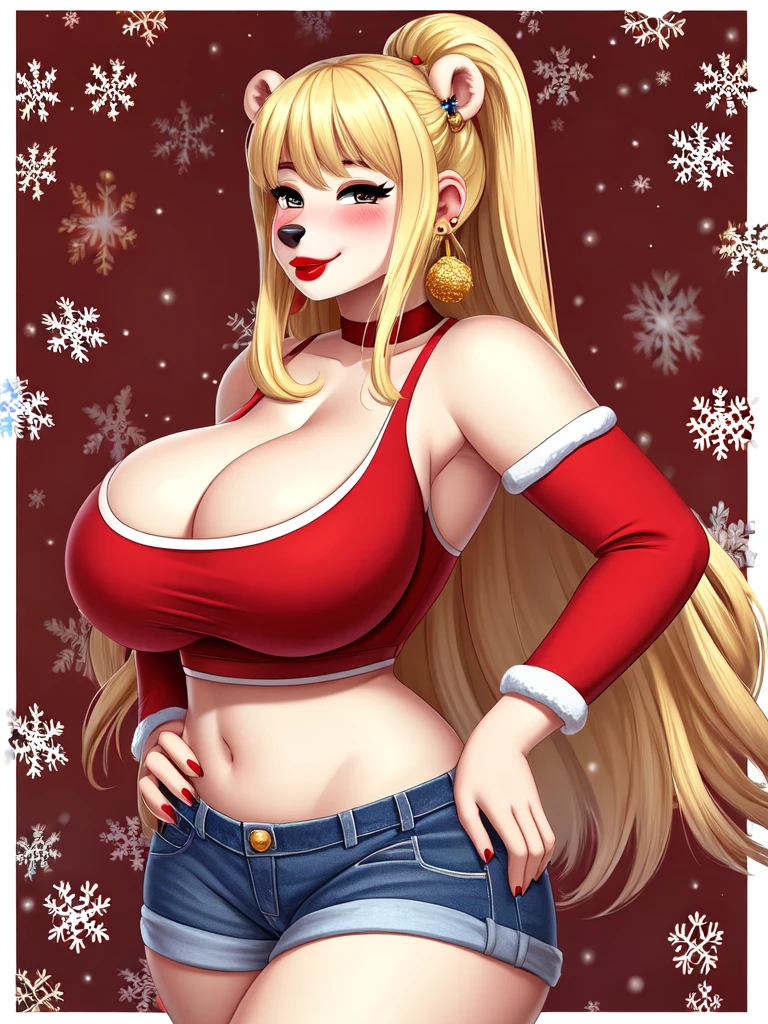 Polar bear woman, wearing a Christmas crop top and jean shorts, perfect face, cleavage, three-quarter view, solo, smile, perfect detailed body, red lipstick, gold earring, hand on hips, Blonde Hair, Long Hair, Solo, 1girl, Blush, Large breasts, Mole Under Mouth, Snowflake Hair Ornament,