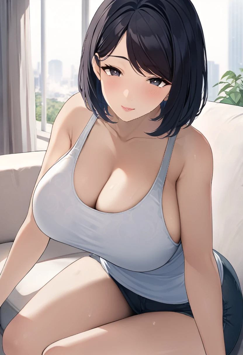 ((masterpiece)), ((best quality)), (ultra-detailed), absurdres, extremely detailed CGI unity 8k wallpaper, Official Art, Accurate describe shapes, beautiful face, expressive eyes, looking at viewer, solo, close-up, scenery, anime screencap, indoors, sofa, dramatic lighting, sitting, seductive smile, (mature female, older, huge breasts:1.4), milf, motherly, wide hips, curvy, straight hair, short hair, black hair, black eyes, swept bangs, tank top, pants, collarbone, lips, HDR