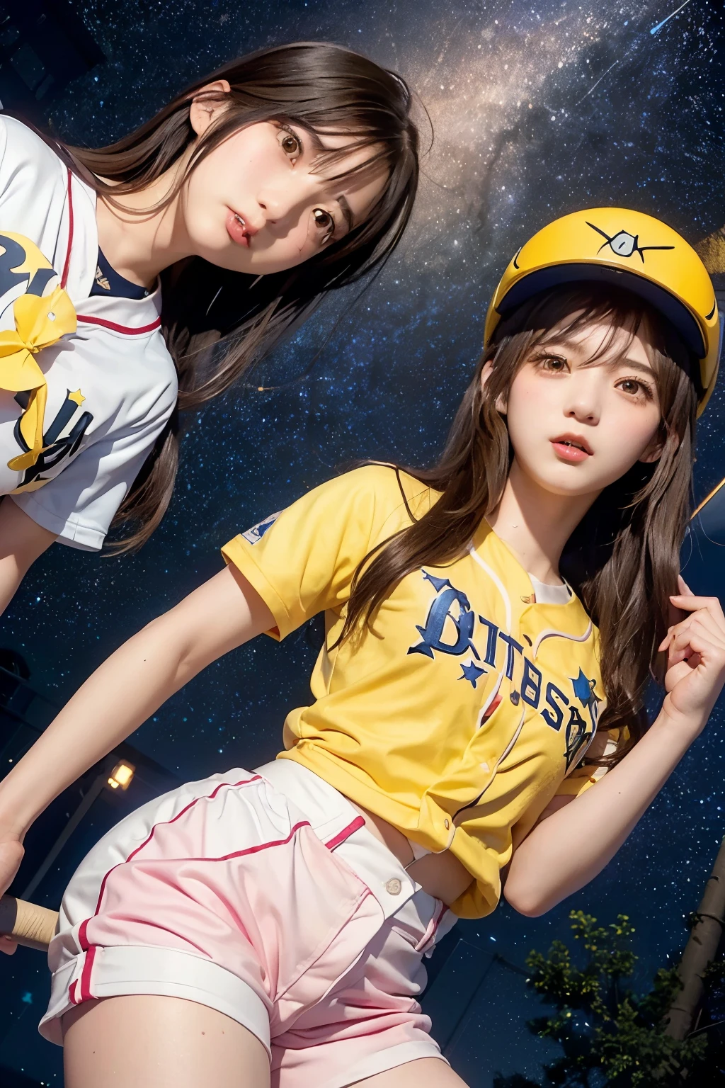 Three Girls, Long Hair, High resolution, Blushing, Open your mouth, Animal ears, Cat ear, Pink eyes, (Baseball uniform:1.3), (Yellow helmet:1.3),(Holding Bat:1.3),
(Starry Sky:1.6),Masterpiece, (From below:1.4)