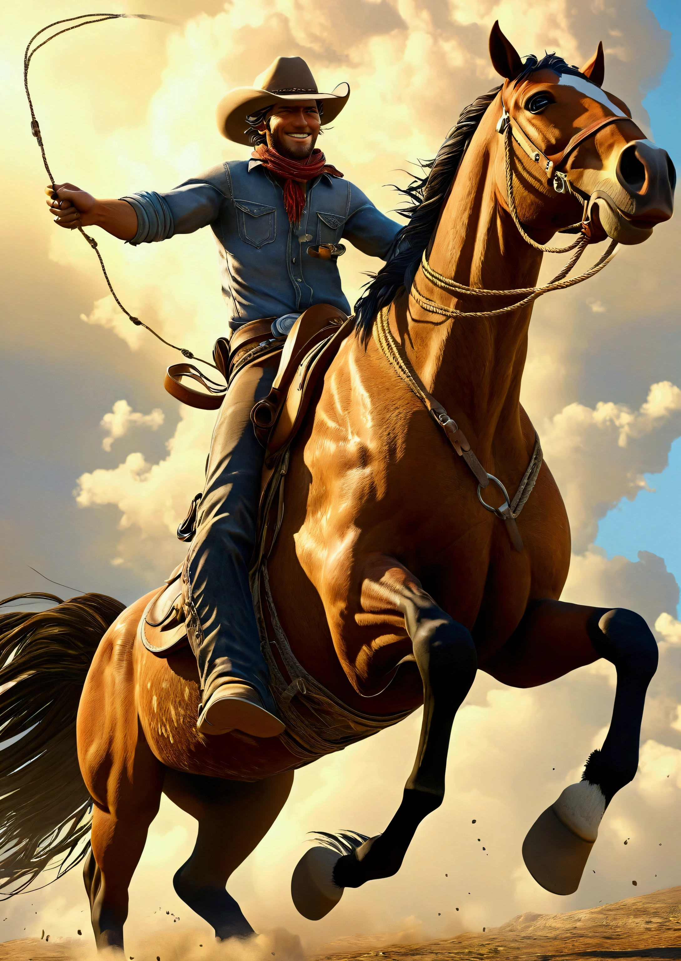 quality\(8k,wallpaper of extremely detailed CG unit, ​masterpiece,hight resolution,top-quality,top-quality real texture skin,hyper realisitic,increase the resolution,RAW photos,best qualtiy,highly detailed,the wallpaper,cinematic lighting,ray trace,golden ratio\), BREAK ,solo,1man\(cowboy,riding 1horse,cowboy_hat, cigarette,big smile,full body, holding lariat rope\), BREAK ,1horse\(big, wild rampage horse, very beautiful, white,full body,jumping\), BREAK ,(dynamic action:1.5),(dynamic angle:1.6),western wilderness