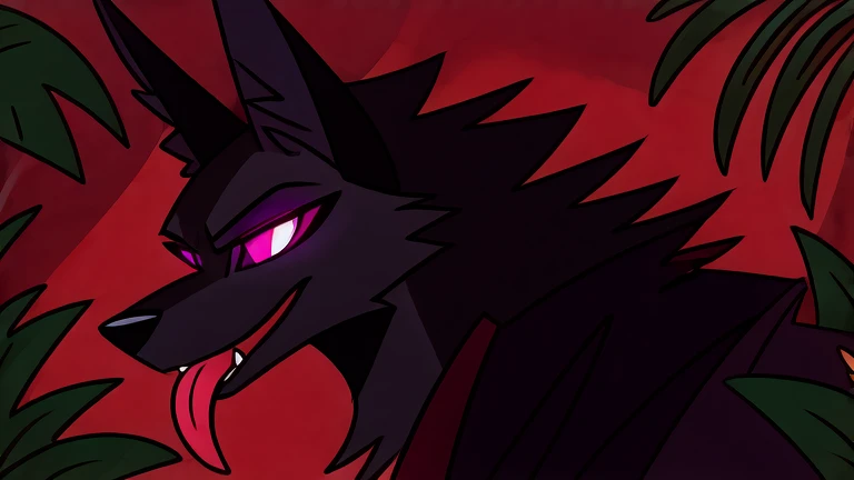 (masterpiece, best quality:1.2), Anubis hellhound, wolf, furry, helluva boss, glowing purple eyes, tongue out, he wears a black t-shirt with a gray vest with red spikes on the shoulders and black pants. running on all fours, jungle background, profile picture, full body image