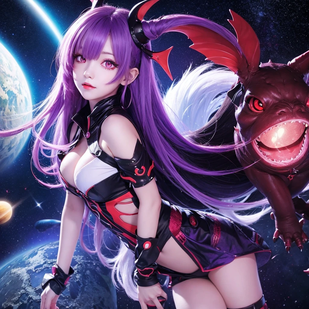 Space Cute Monster Girl Purple Hair Red Eyes