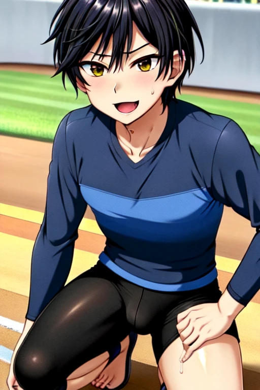 ((Official Art,Ultra-thin illustration,High resolution, Flying debris, 最high quality,最high quality,)))high quality,(Highly detailed body,詳細なな手feet:1.2) , Become familiar with, (),12 years obaseball male idol boy with a super cute face,A boy as beautiful as Planding, Long legs, Thighs, feet, No breast swelling, (Black Hair、short hair)、 (厚いThighs)、(((park baseball field)))、((Saucy、))、Grinning、feetを広げて,Ultra-fine painting, ,Service shot、Groin bulge、,nsfw、Baseball practice wear、Shiny ((Blue tight training long sleeve shirt ,Long sleeve :1.2))、、White Yoga Pants、