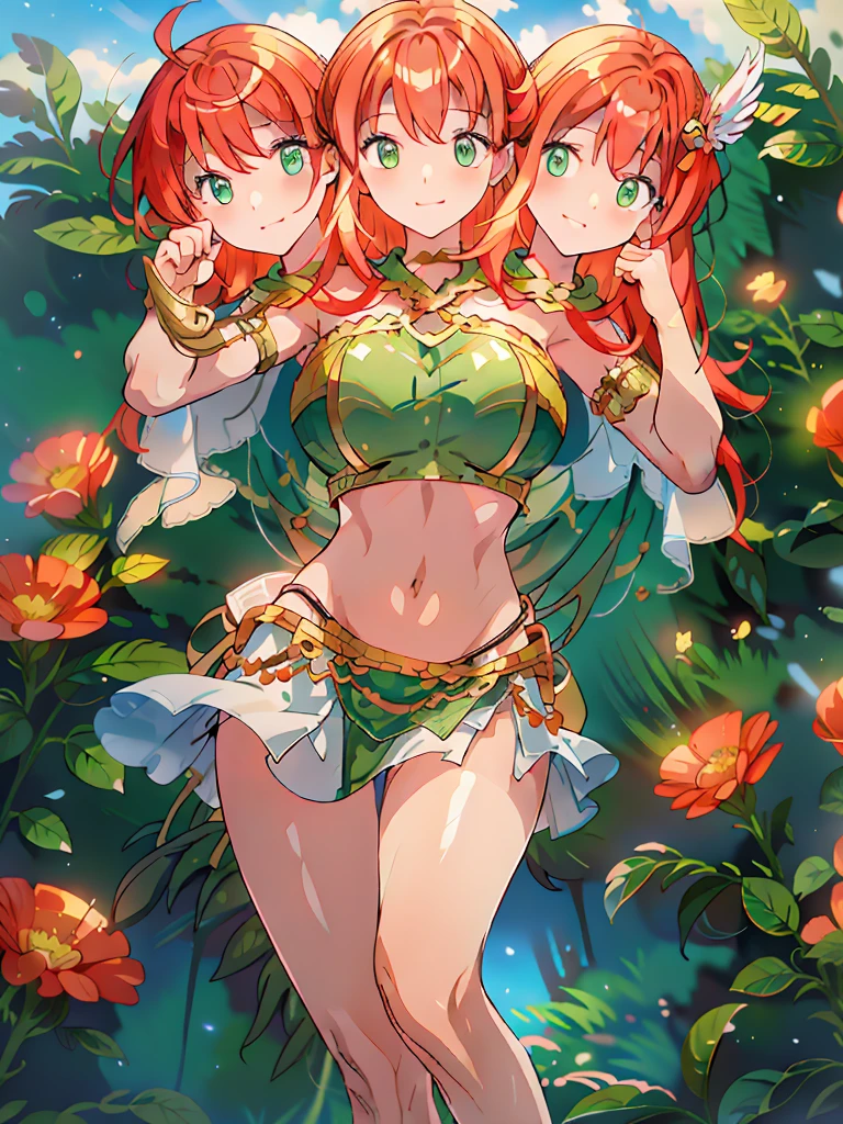 (masterpiece, best quality), best resolution, (3heads:1.5), 1girl, red hair, long flowing hair, smiling, soft smile, open belly, white-green crop top, green-white miniskirt, open breasts, huge tits, sexy pose, hair length until shoulders, feather on head,