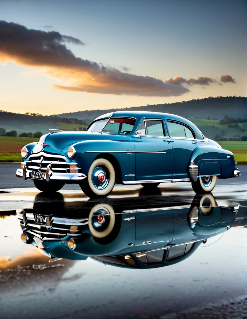 An original Hudson Hornet Classic Car, Professional Car Photography, with it's aeshtetic reflection on watter puddle on a tarmac, no human