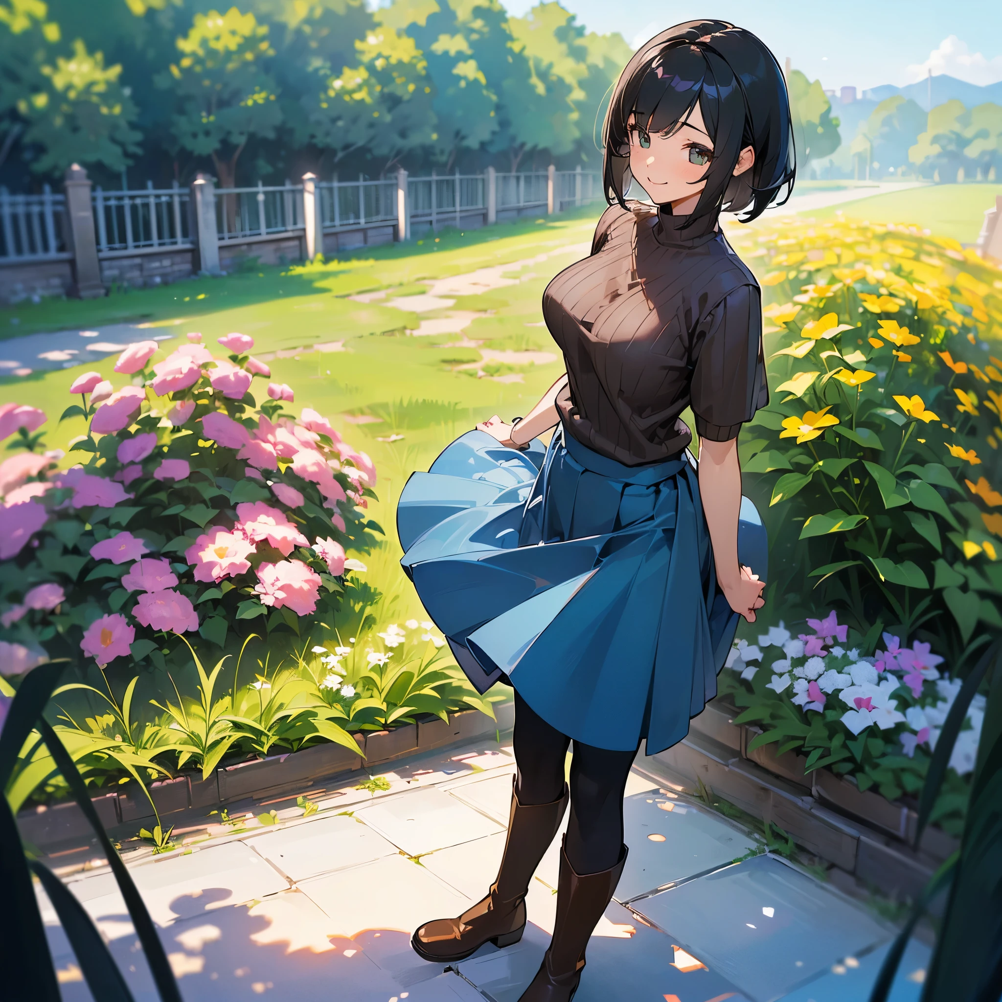 (high quality, High resolution, Very detailed, reality:1.37), Peaceful atmosphere, (Outdoor, garden), age girl standing alone, (my breasts are big.), Beautiful details, Cute Smile, (Black bob hair), Short sleeve ribbed sweater, Blue Skirt, Black tights, Brown boots.