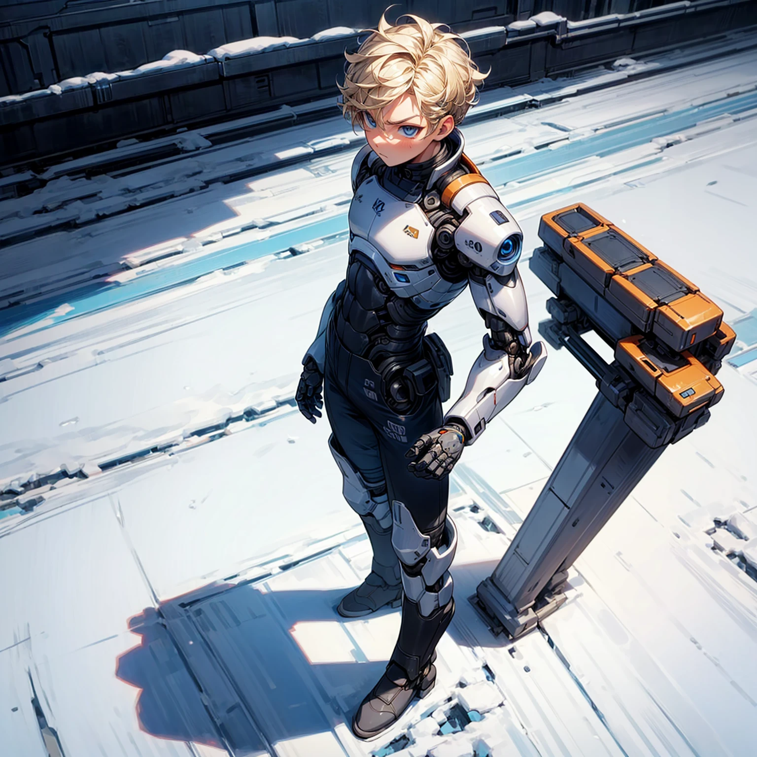 Ultra detailed, full background, Full body version, Grassroots, background in snow field, (solo, boy, cyborg, muscle, blue eyes, angry eyes, blonde color hair, short Curly hairstyle, pants, Boots), standing gesture, full robotic outfit, high angle view