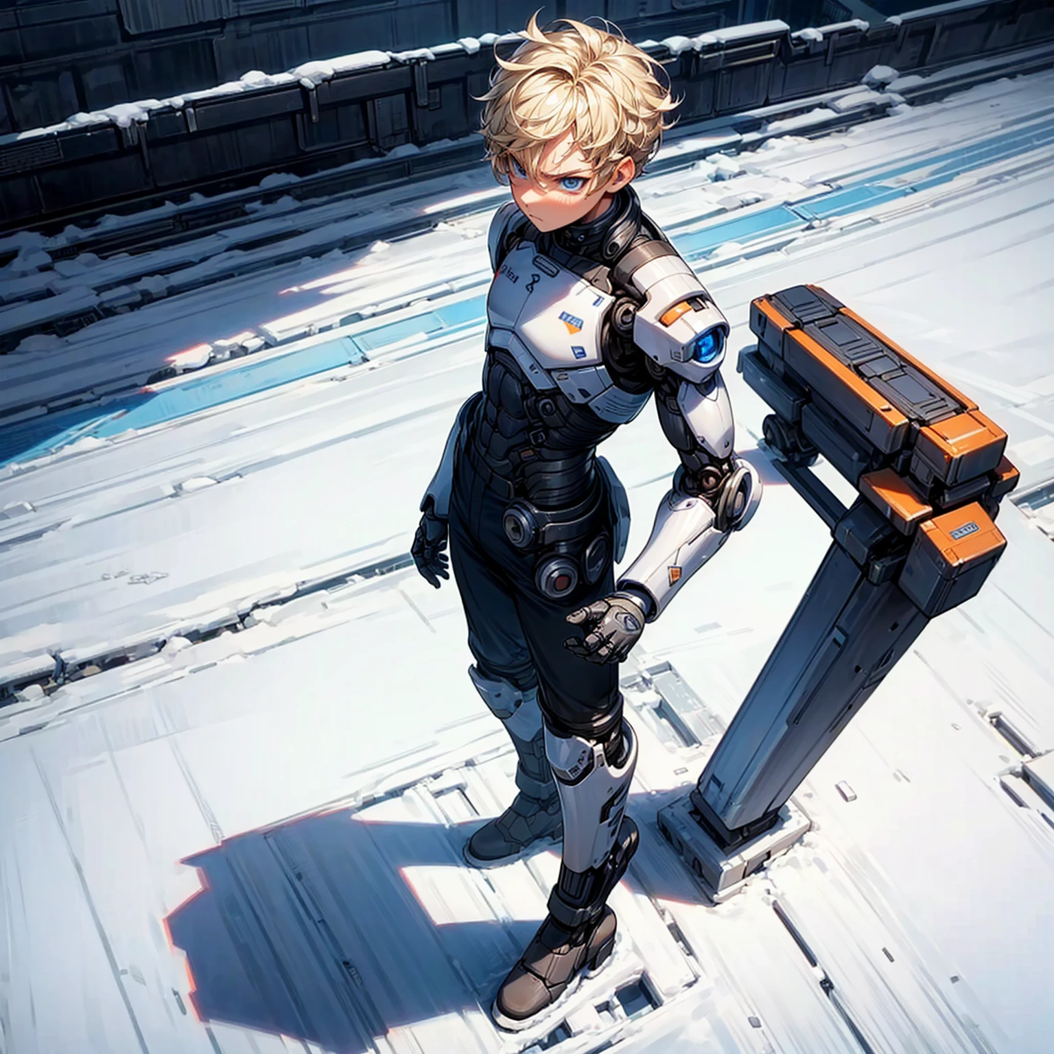 Ultra detailed, full background, Full body version, Grassroots, background in snow field, (solo, boy, cyborg, muscle, blue eyes, angry eyes, blonde color hair, short Curly hairstyle, pants, Boots), standing gesture, full robotic outfit, high angle view
