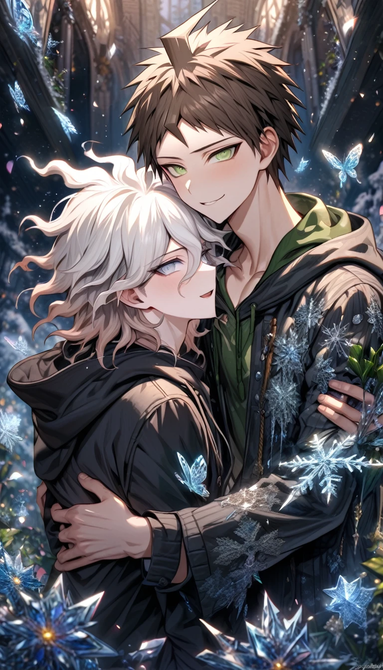 Ultra detailed, HDR, Highres, absurdres, master piece, Hinata Hajime, brown hair, expressive green eyes, Komaeda Nagito, white hair, expressive green-gray eyes, black hoodie, black scarf, Danganronpa, handsome, ice glittering butterflies, ice, petals, ice glass flowers, glittering, fantasy, magical, snowflakes, cold, two sexy man together, gay couple, yaoi, love, smirking