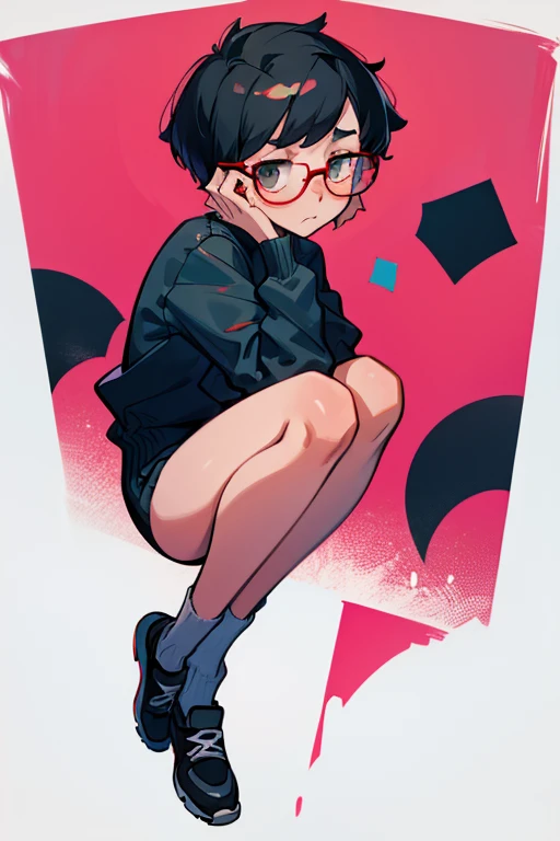 Really embarrassed tomboy girl with  black  short  hair and glasses,  half , trying to covering itself ,full body  ashamed pose