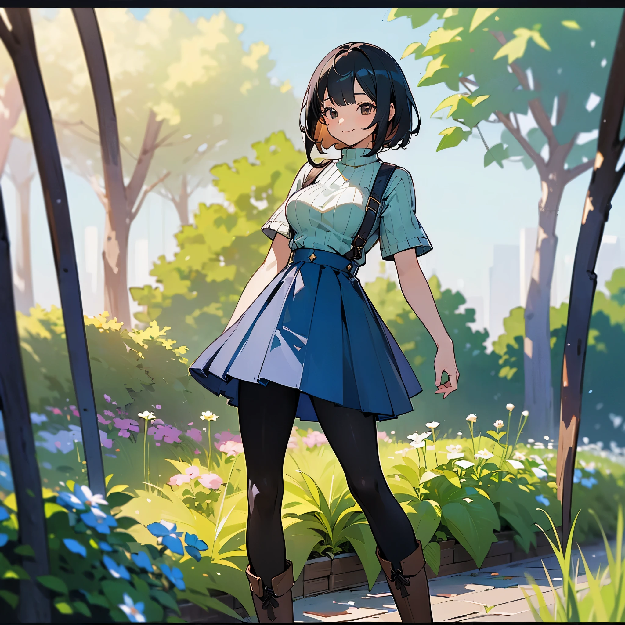 (high quality, High resolution, Very detailed, reality:1.37), Peaceful atmosphere, (Outdoor, garden), Teenage girl standing alone, (my breasts are big.), Beautiful details, Cute Smile, (Black bob hair), Short sleeve ribbed sweater, Blue Skirt, Black tights, Brown boots.