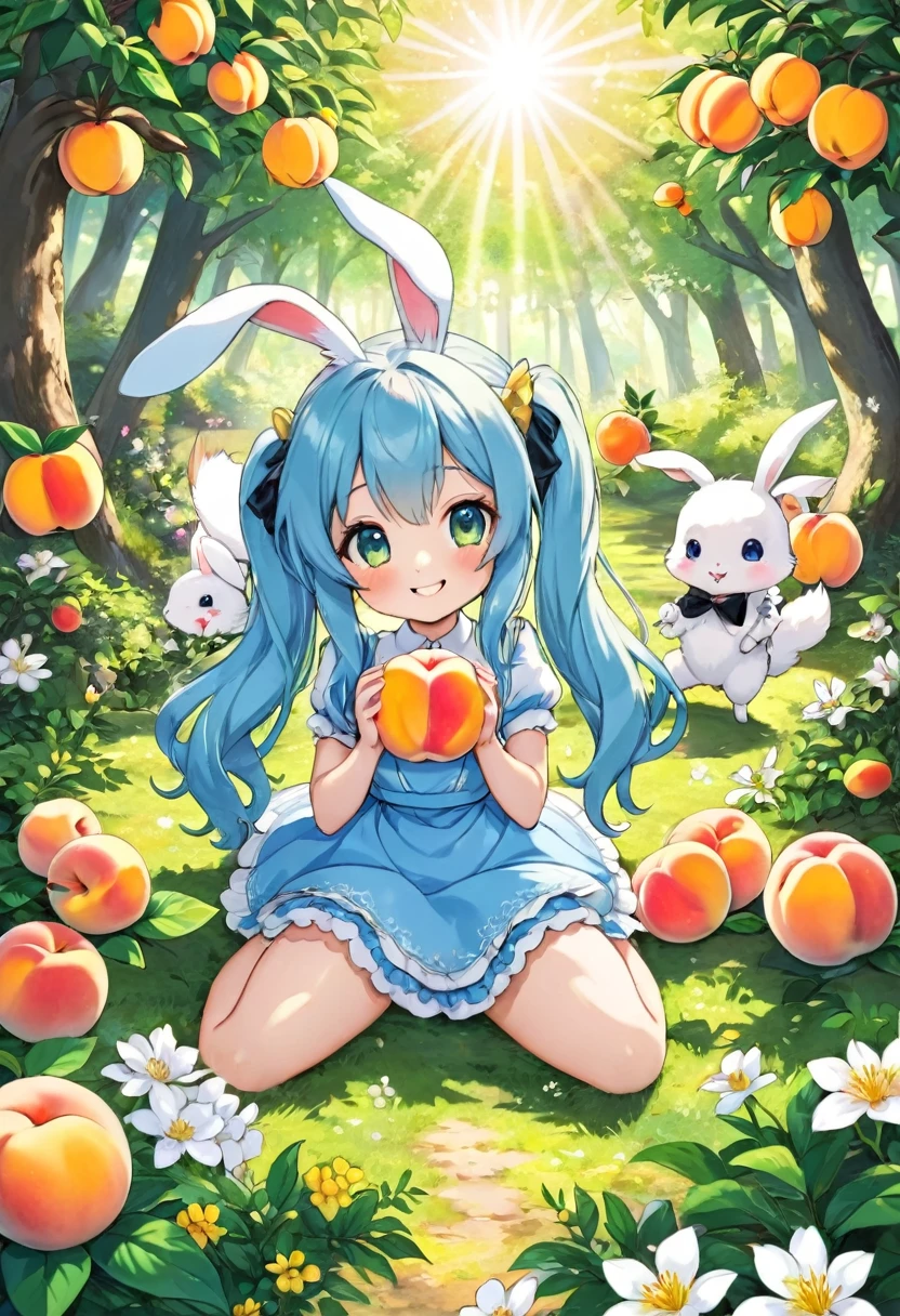 Light blue long hair、Twin-tailed Chibi Character、Alice in Wonderland、Bright Forest、Bright smile、Sunlight filtering through the trees、A lot of peaches on a peach tree、Flowers at your feet々are blooming in abundance、The forest friends are watching the girl、Cute squirrels and rabbits also appear、Eating peaches with my forest friends