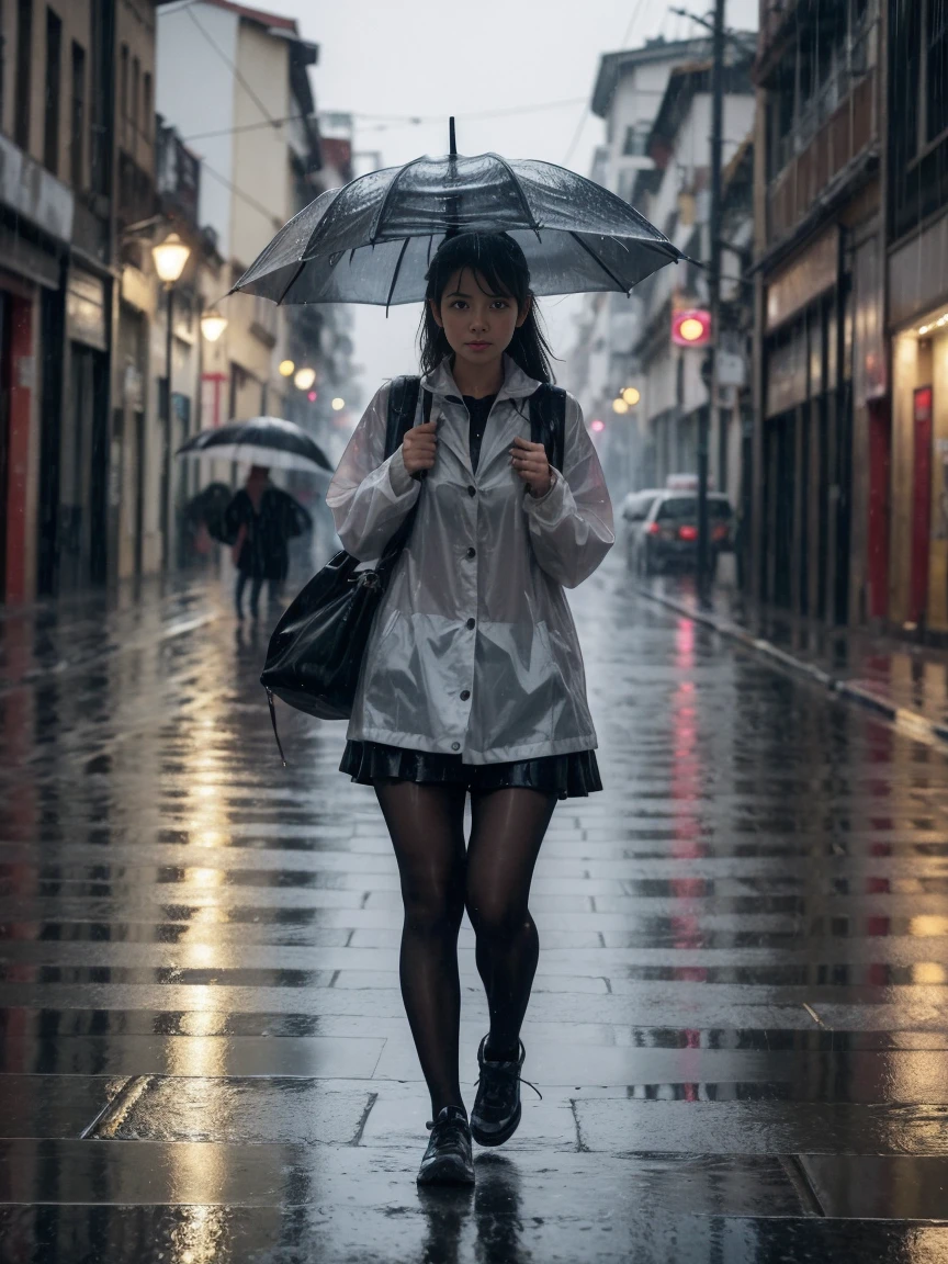 real image of a tiered girl Walking in the Rain in Santiago de Chile. (((real life)))