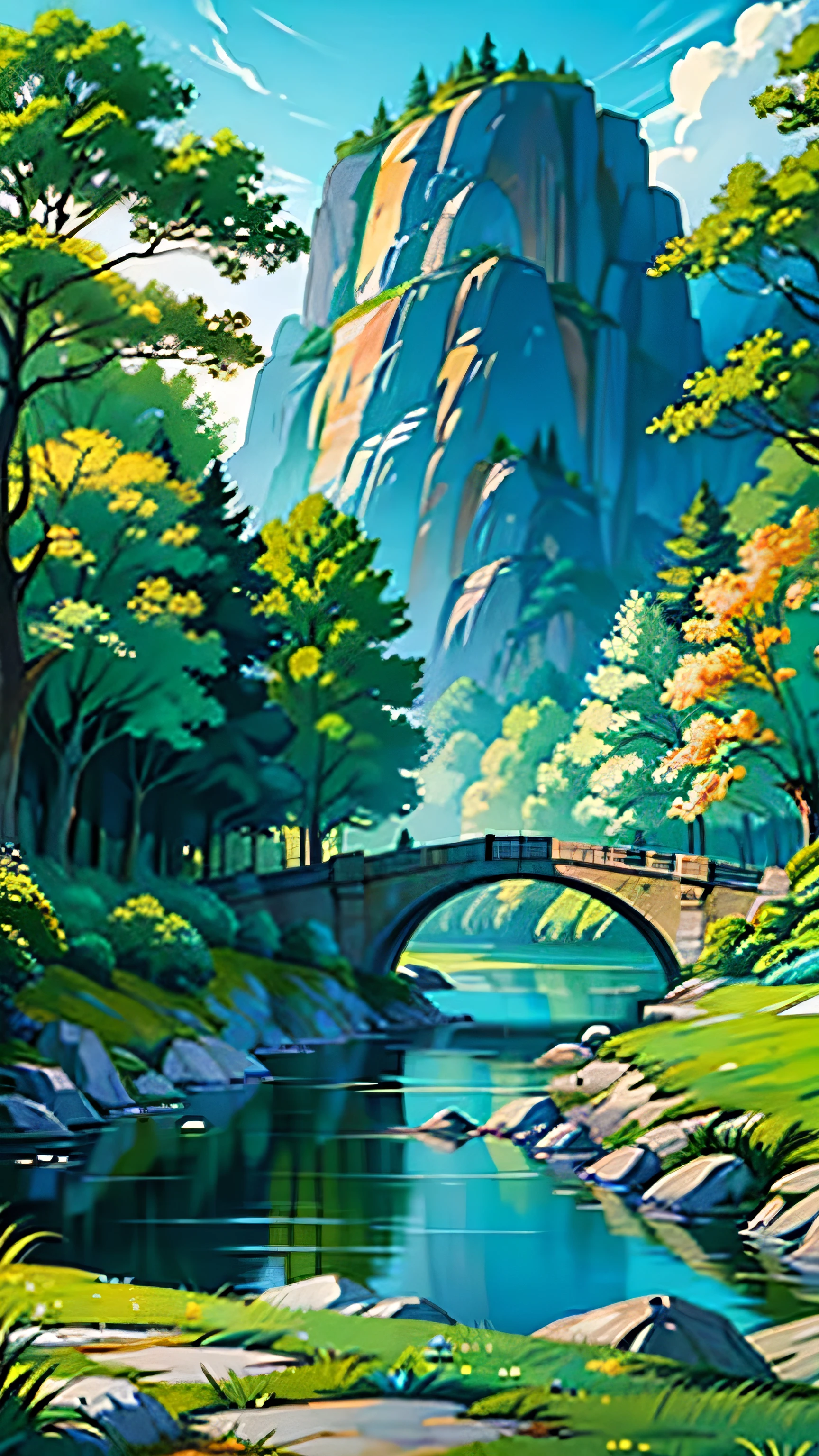 A painting of a summertime landscape, green trees, green grass, a winding river with a stone bridge, daytime light.