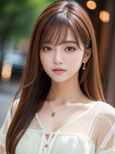 Ultra-high resolution, Superior Quality, Highest quality, Super detailed, Realistic, 8k, RAW Photos, Highest quality, masterpiece, Attractive girl, A wonderful girl, Brown Hair, Shoulder-length layered, Mesh Hair, Japanese Idols, Sophisticated, stylish, blouse,