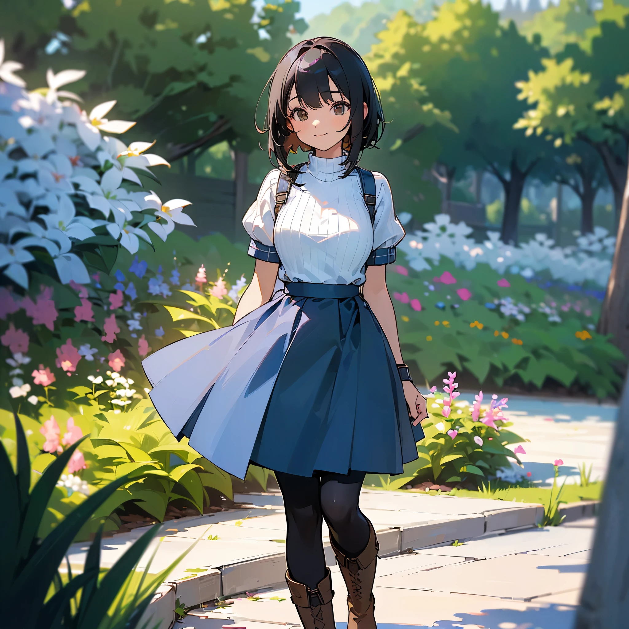 (high quality, High resolution, Very detailed, reality:1.37), Peaceful atmosphere, (Outdoor, garden), age girl standing alone, (my breasts are big.), Beautiful details, Cute Smile, (Black bob hair), Short sleeve ribbed sweater, Blue Skirt, Black tights, Brown boots.