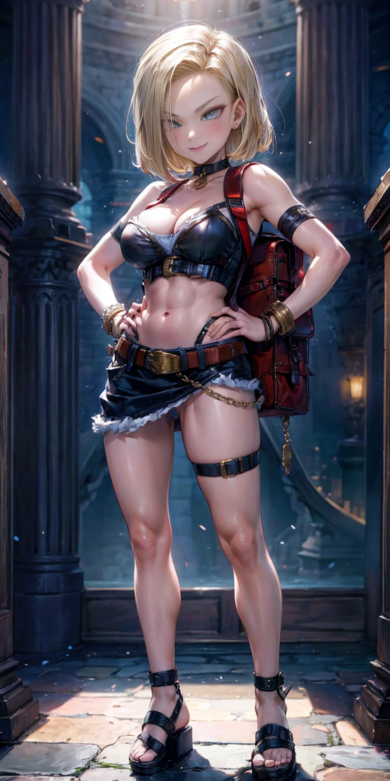 masterpiece, best quality, full body, barefoot, solo, female, big breast, Android 18, yellow bikini, hands on waist, navel, lustful smirking smiling, smile face (red blushed, red cheeks), metal shoulders, gold sleeveless armbands, black leather choker slave collar, shackle bracelets, red crest on navel, pauldrons, breastplate, corset, eye focus, full body, whole body 1solo fighter, loincloth standing, hands on hips, metal sandals, backpack, choker, big belt, view from below, feet together, bracers, tiara)