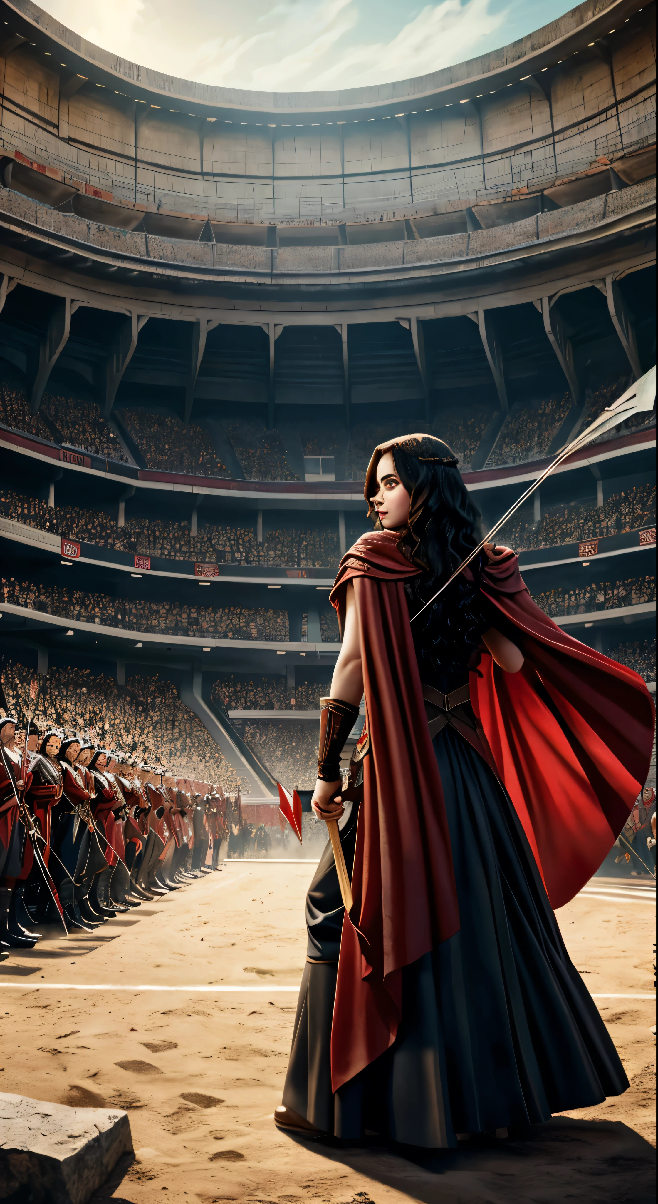 Lily Collins with black curly hair with red hood, medieval clothes, bow and arrow in hand, entering an arena landscape filled with bleachers and audience watching the illustration is detailed, smooth and bright, HD art by Citemer Liu