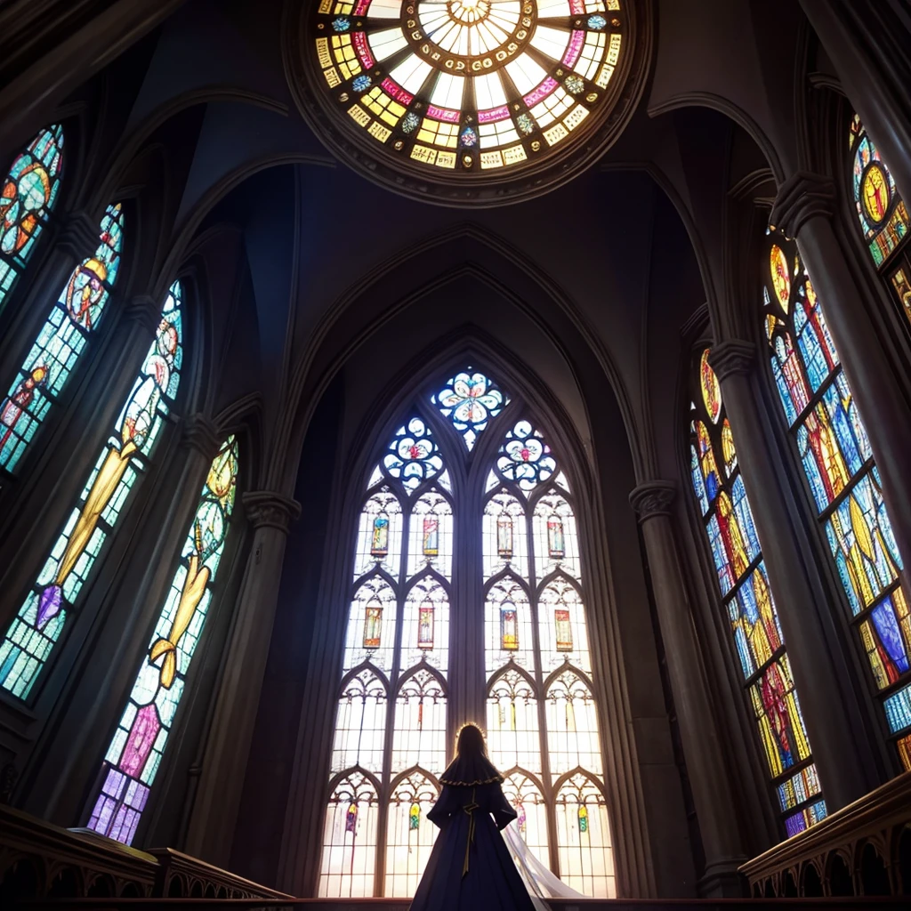(Cathedral from below:1.28) (ZoomLayer) TopQuality 8K masterpiece of ((Professional photo)), (((Clarisse de Cagliostro))) (Detailed White WeddingDresses), Chain, (((Extremely detailed KAWAII face))) {((VeiledFace))|BlondeHair|(Elaborate BuleEyes)with(SparklingHighlights:1.28)}, The background is distant (((Elaborate stained glass))) Rainbow Glass, {(MysticSight)|EnchantingAtmosphere|Haze|(GodRays)|TyndallEffect}, Radiant PearlSkin with Transparency, (Exposed:0.39)