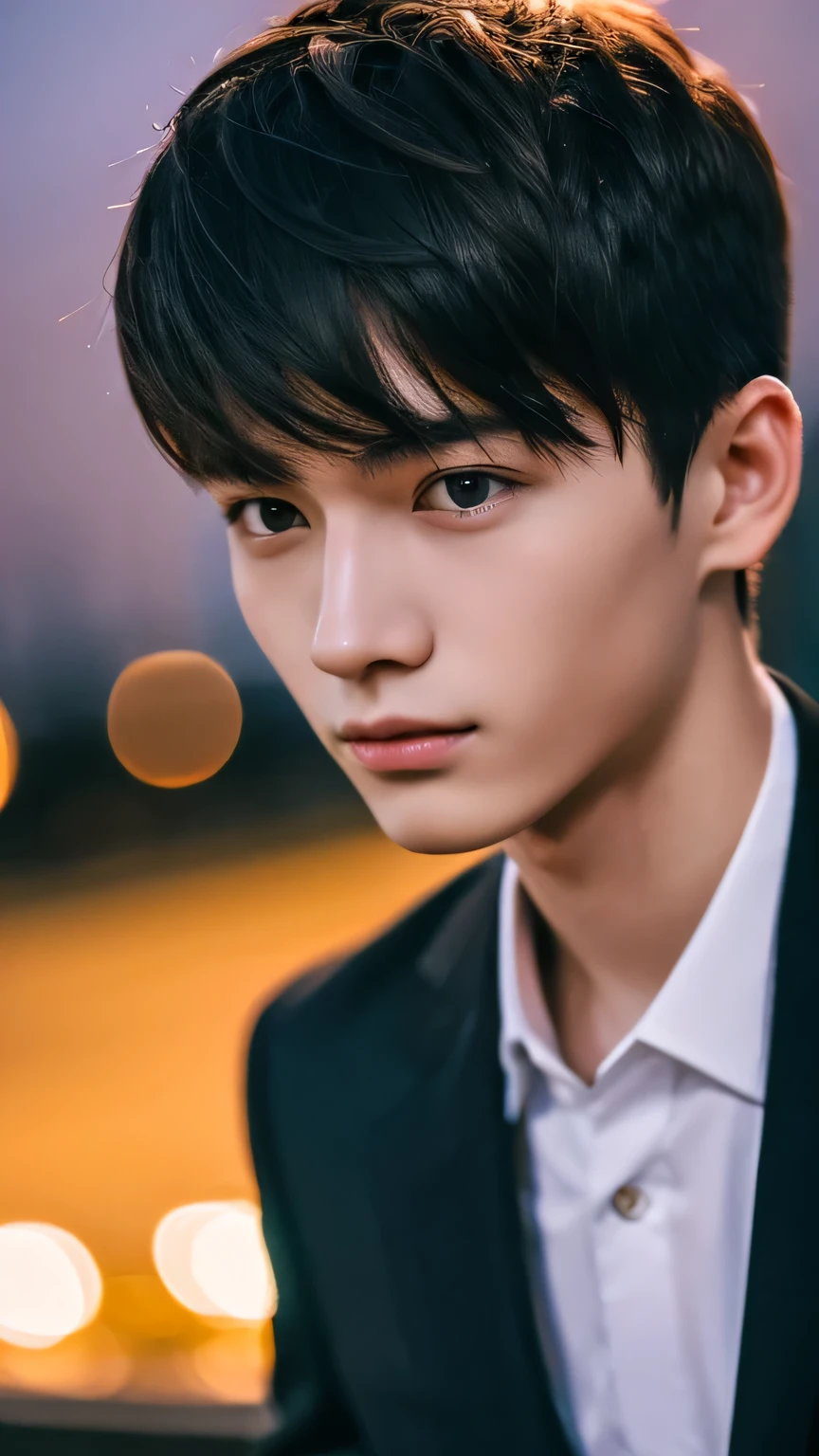 Highest quality, masterpiece, Ultra-high resolution, (Realistic: 1.4), Original photo, wallpaper, Head Photo, skin, Simple Background, Iris, detailed, Selfie, 1 boy, 18-year-old, good looking, Wind,suit,night