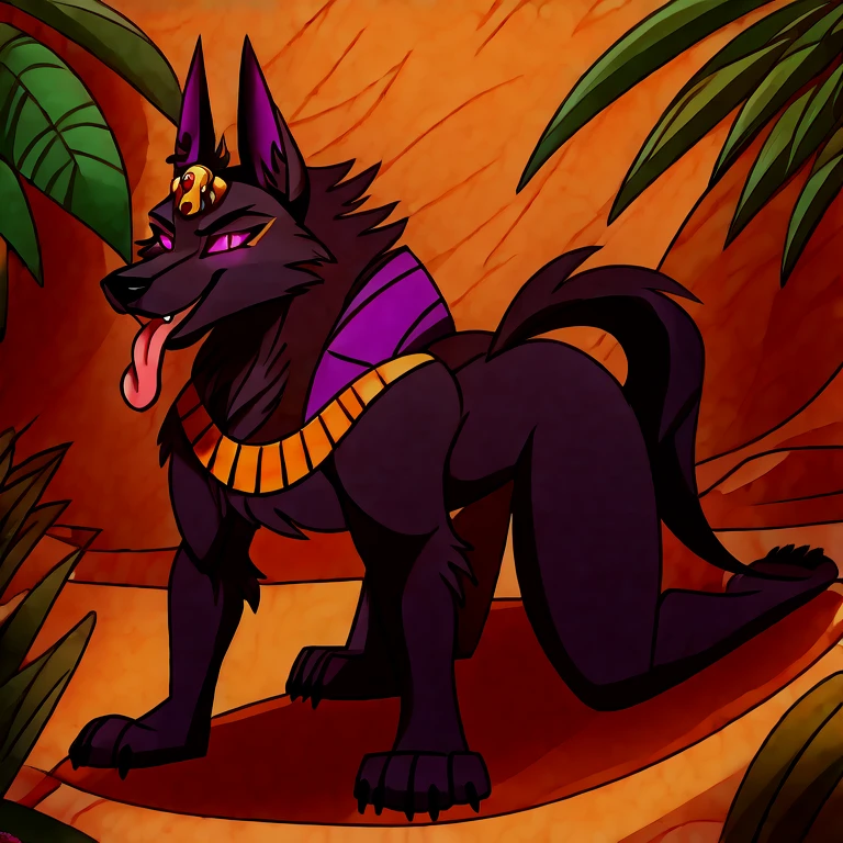 (masterpiece, best quality:1.2), Anubis hellhound, wolf, furry, helluva boss, glowing purple eyes, tongue out, egyptian clothes, bowed before his master on all fours, jungle background,