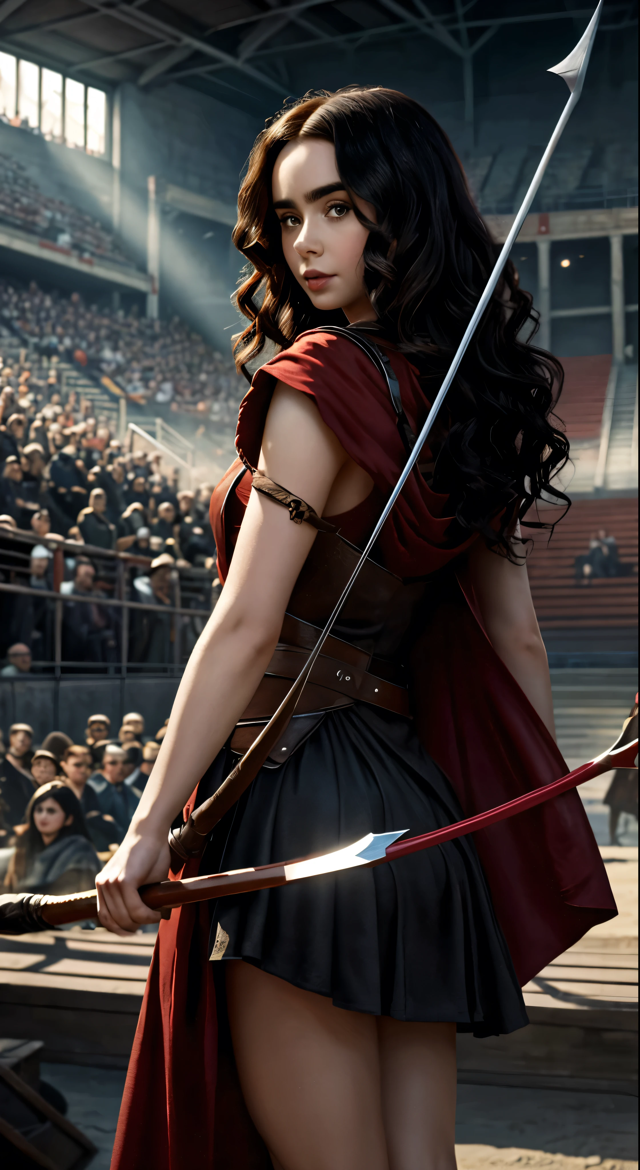 Lily Collins with black curly hair with red hood, medieval clothes, bow and arrow in hand, entering an arena landscape filled with bleachers and audience watching the illustration is detailed, smooth and bright, HD art by Citemer Liu