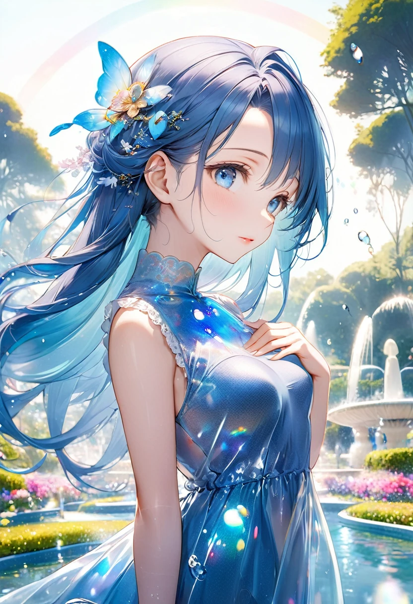 (profile, panoramic, beautiful style), (solo:2, 15 yo), (beautiful forehead) (beautiful detailed blue hair, long hair) (best lovely girl, lovely blue eyes, glossy lip), hand put on chest, dynamic pose, in a soft blue one piece dress with double exposure water:0.8, break, in the beautiful enchanted garden, Large fountain with double exposure rainbow, BREAK, perfect anatomy, masterpiece, best quality, 16k, beautiful detailed love, daydreaming expression.