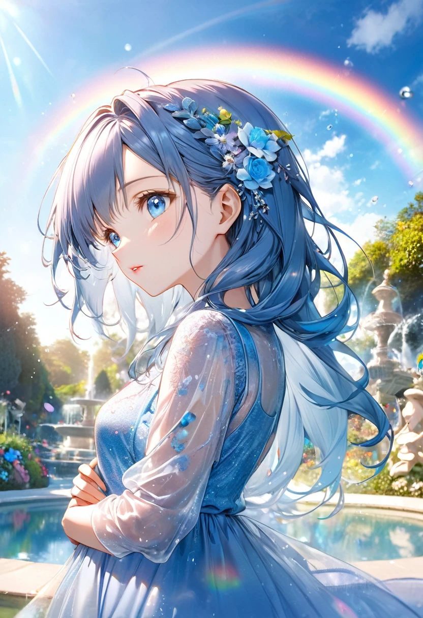 (profile, panoramic, beautiful style), (solo:2, 15 yo), (beautiful forehead) (beautiful detailed blue hair, long hair) (best lovely girl, lovely blue eyes, glossy lip), hand put on chest, dynamic pose, in a soft blue one piece dress with double exposure water:0.8, break, in the beautiful enchanted garden, Large fountain with double exposure rainbow, BREAK, perfect anatomy, masterpiece, best quality, 16k, beautiful detailed love, daydreaming expression.