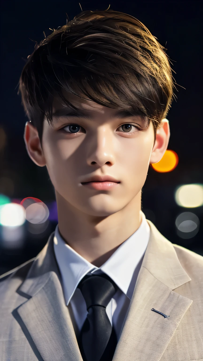 Highest quality, masterpiece, Ultra-high resolution, (Realistic: 1.4), Original photo, wallpaper, Head Photo, skin, Simple Background, Iris, detailed, Selfie, 1 boy, 18-year-old, good looking, Wind,suit,night
