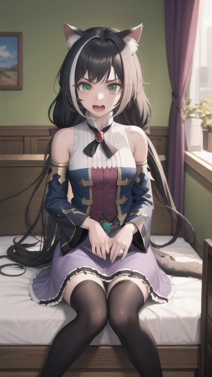 masterpiece, (detailed, highres, best quality), 1girl, karylaa, two-tone hair, low twintails, green eyes, fang, cat tail, sleeveless shirt, bare shoulders, blue sleeves, jewelry, purple skirt, black thighhighs, beer can, can, curtains, cushion, indoors, watermark, disgusted