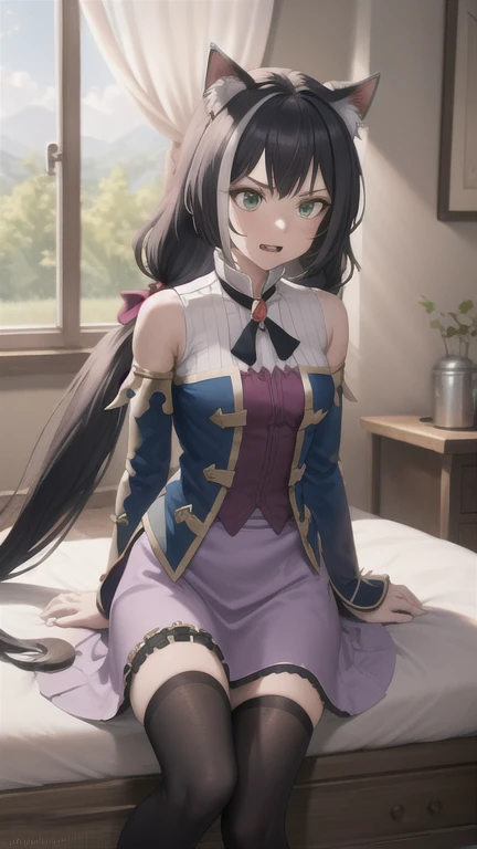 masterpiece, (detailed, highres, best quality), 1girl, karylaa, two-tone hair, low twintails, green eyes, fang, cat tail, sleeveless shirt, bare shoulders, blue sleeves, jewelry, purple skirt, black thighhighs, beer can, can, curtains, cushion, indoors, watermark, disgusted