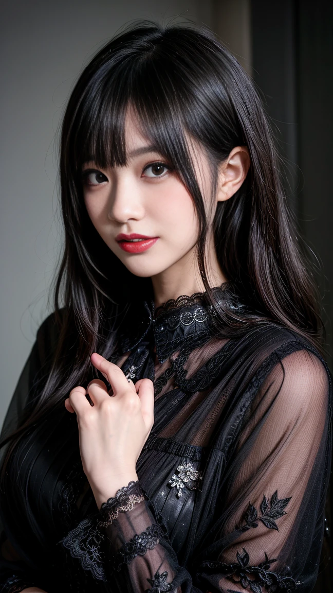 ((Highest quality, 8,000 people, masterpiece:1.3)), Young oriental woman, Satanism,Satanism, Dark Background, Pentagram, Goth fashion, Goth makeup, Goth, black 립스틱, 입술은 black, black Lips, Dark eyeshadow(black), 벽면에 Pentagram 표시, Lots of candles, (Huge  : 1.5), Temple of the Devil, black Lipstic, goofy style, Stanism, Unpleasant, Crazy woman, (Crazy Smile), Scary laughter, Full of madness, Sporadic hair loss