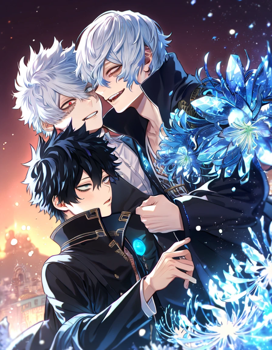absurdres, highres, ultra detailed, HDR, master piece, best quality, extremely detailed, Shigaraki Tomura, white hair, expressive red eyes, Boku No Hero Academia, Dabi, black hair, expressive turquoise eyes, two sexy men together, yaoi, gay couple, handsome, sensual, smile, black coat with high collar, fantasy, sparkling, blue glittering fireflies, ice, blue blossoms, blue spider lilies, blue sparkling lights, starry sky, magical, crystal, blue moon, cold night